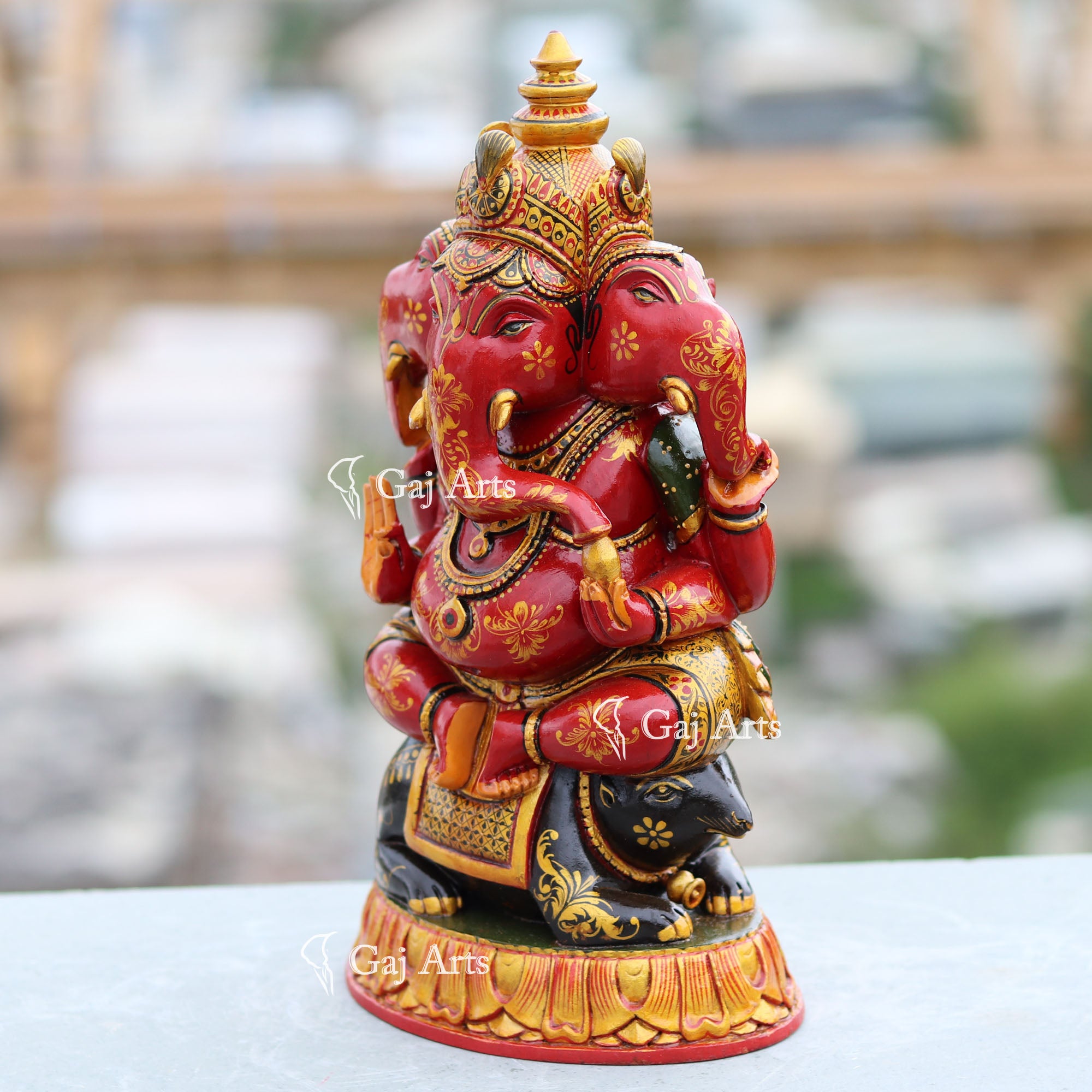 Handcrafted Wooden Trimukhi Ganesh Idol | 12 Inch