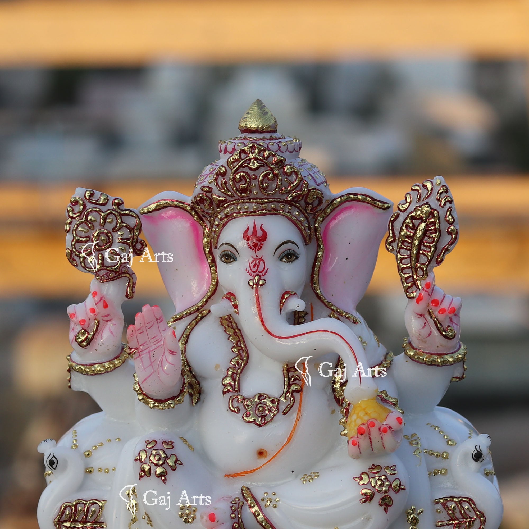 White Marble Ganpati Idol on Singhasan | 9 Inch