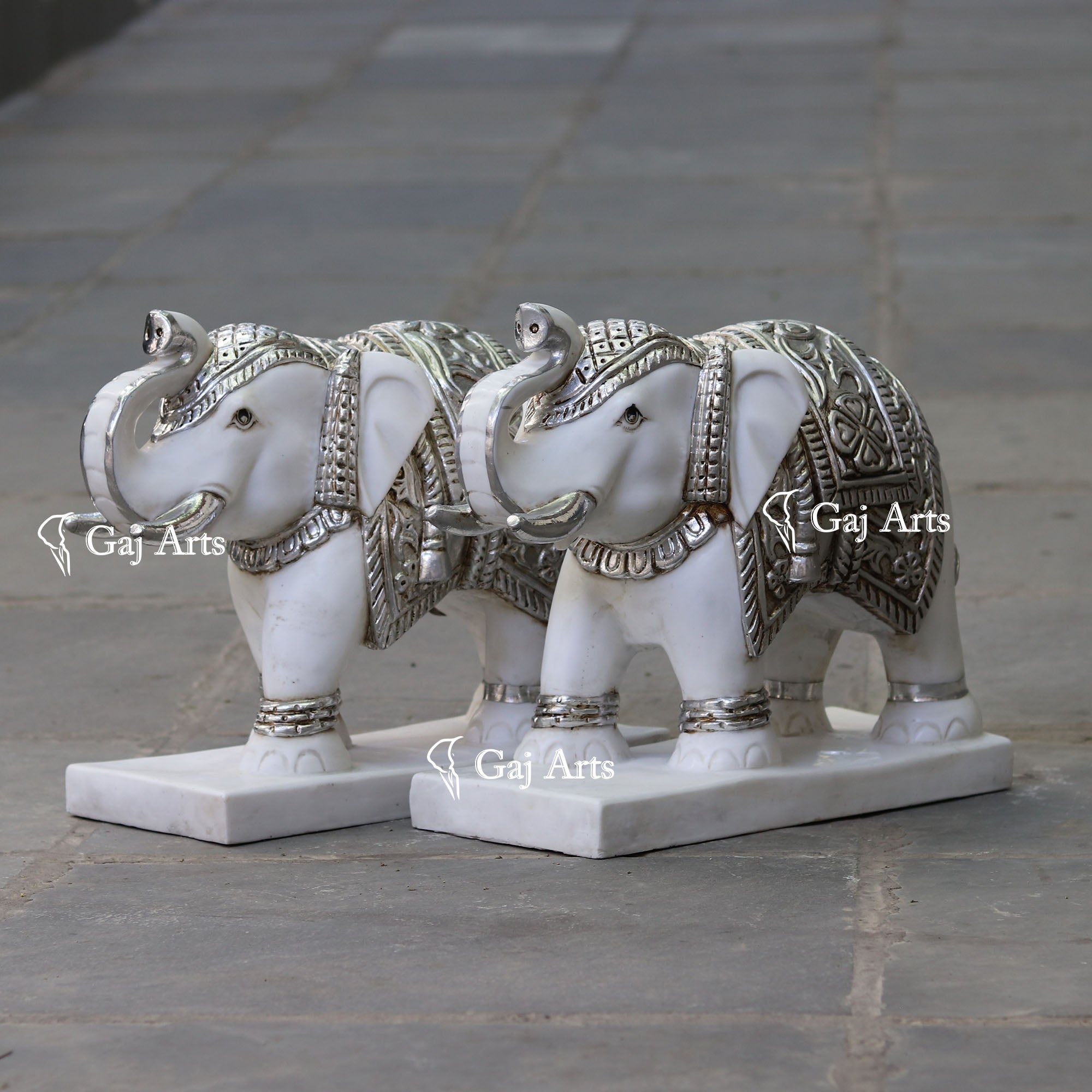 White Marble Korean Silver Elephant Statue | 18 Inch