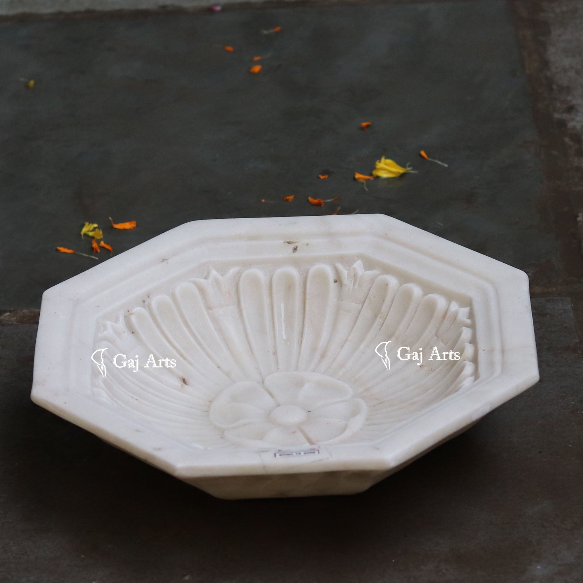 Rajasthan White Marble Decorative Flower Uruli | 15 Inch