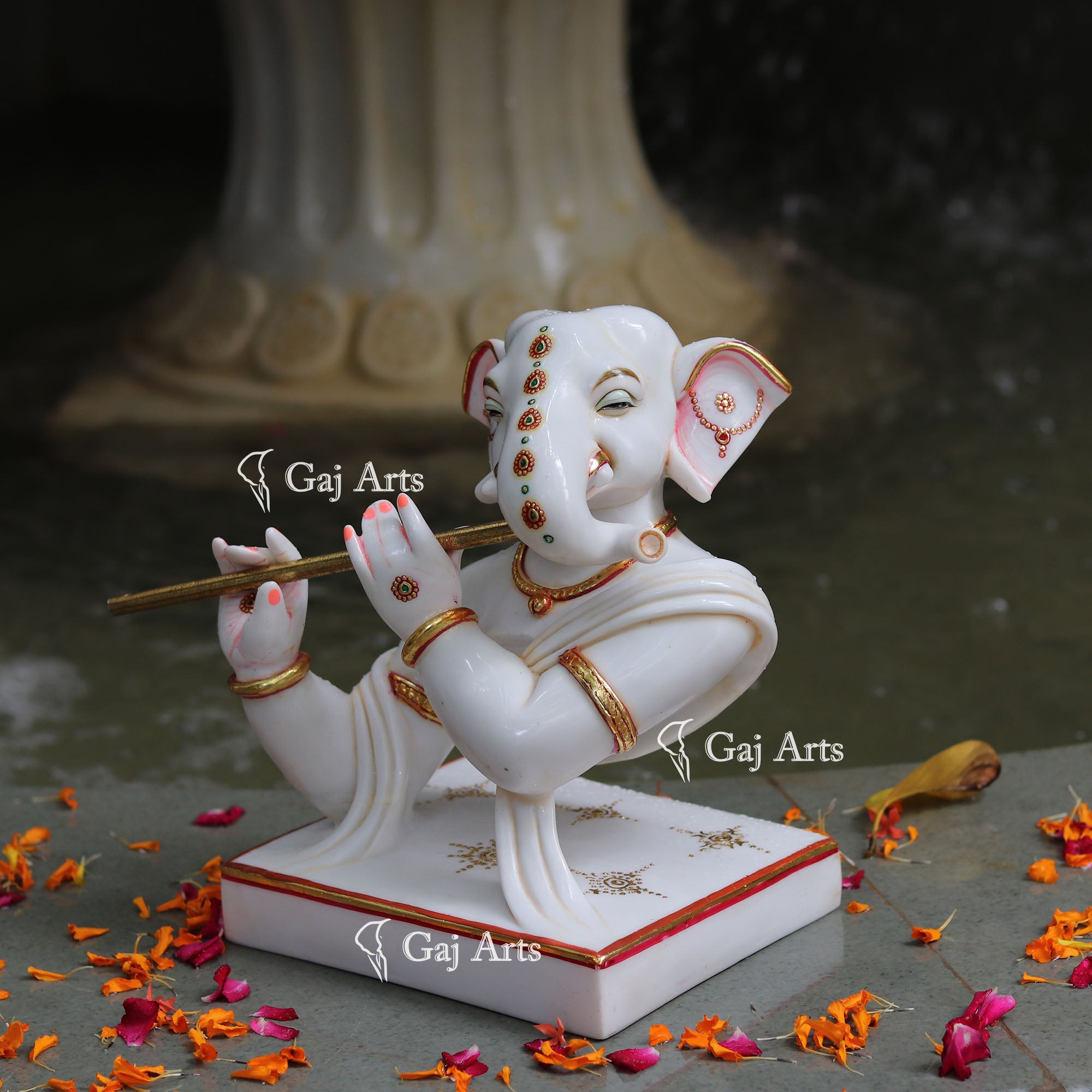 Marble Powder Flute Ganpati Idol | 12 Inch