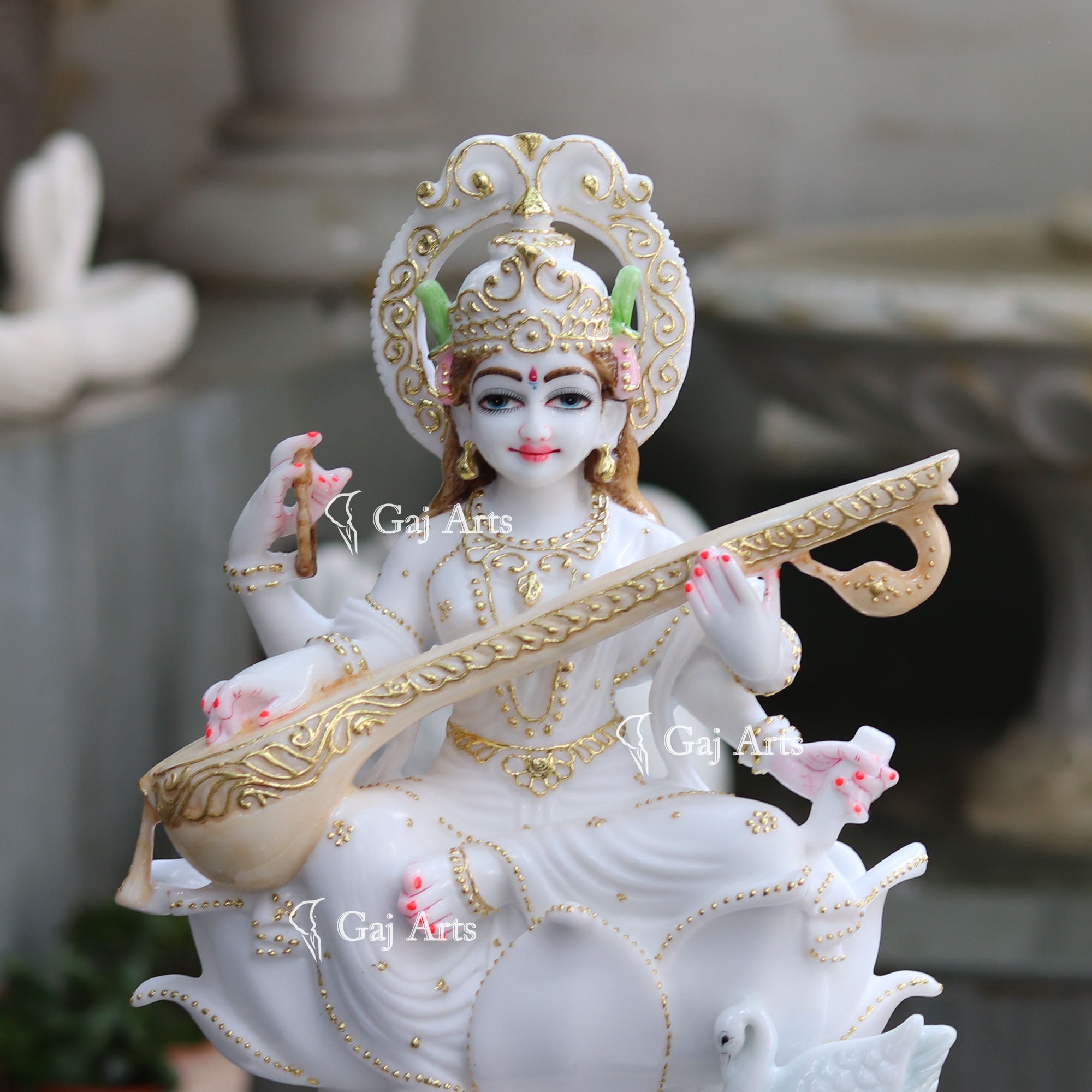 White Marble Saraswati Mata Statue | 18 Inch