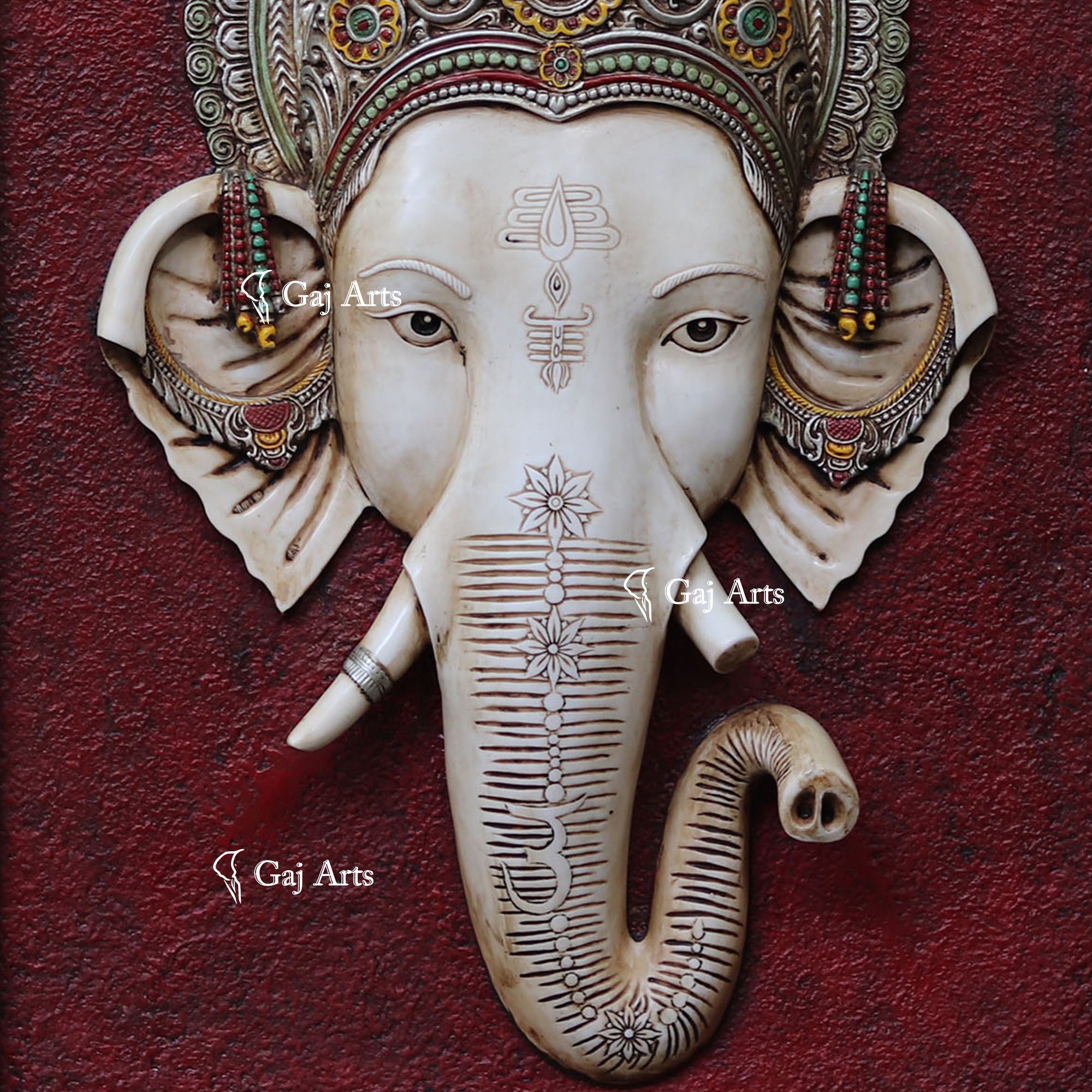 White Antique Finish  Ganpati Face Wall Panel | 48 Inch