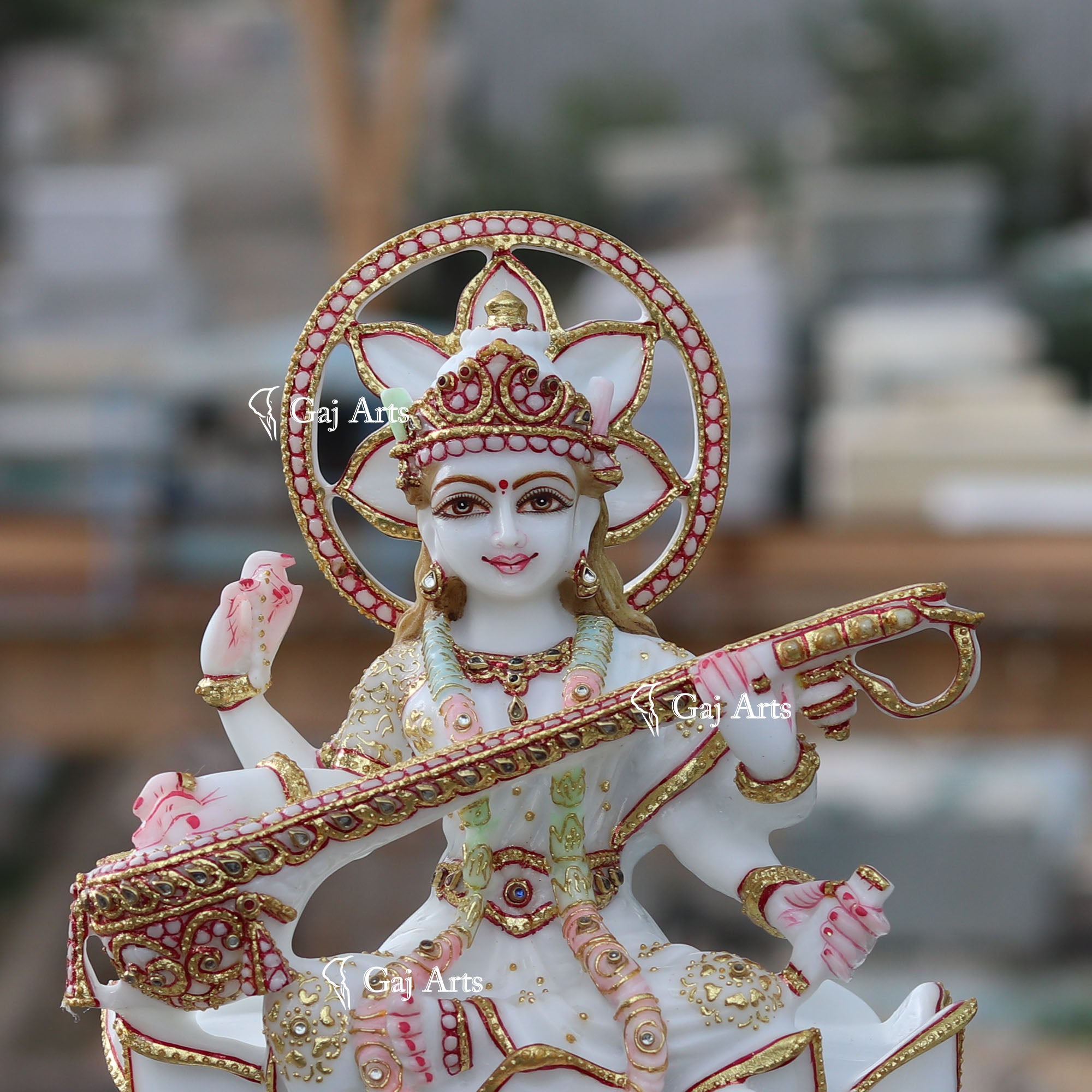 White Ethiopia Marble Saraswati Mata Statue | 12 Inch