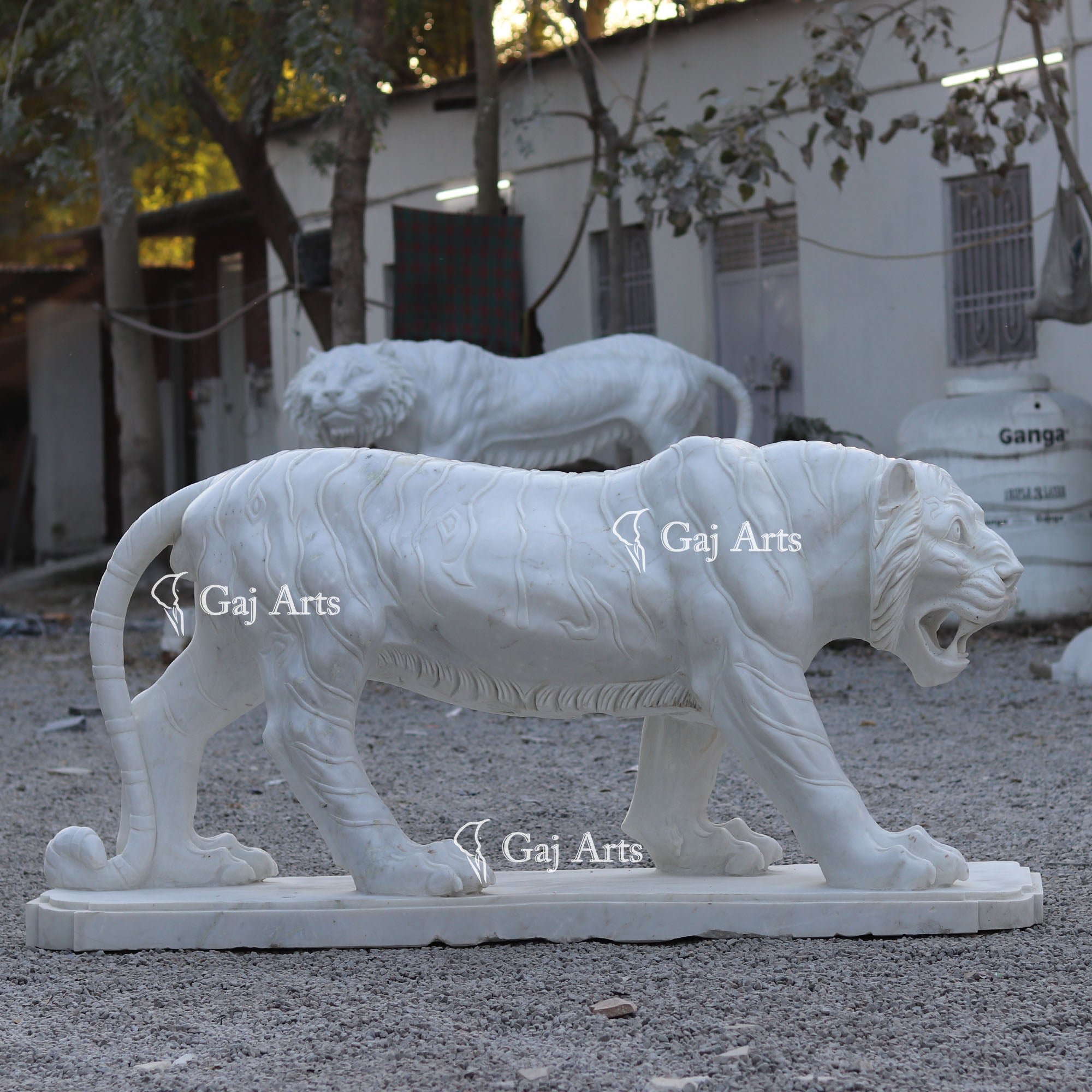 White Marble Royal Tiger Sculpture | 66 Inch