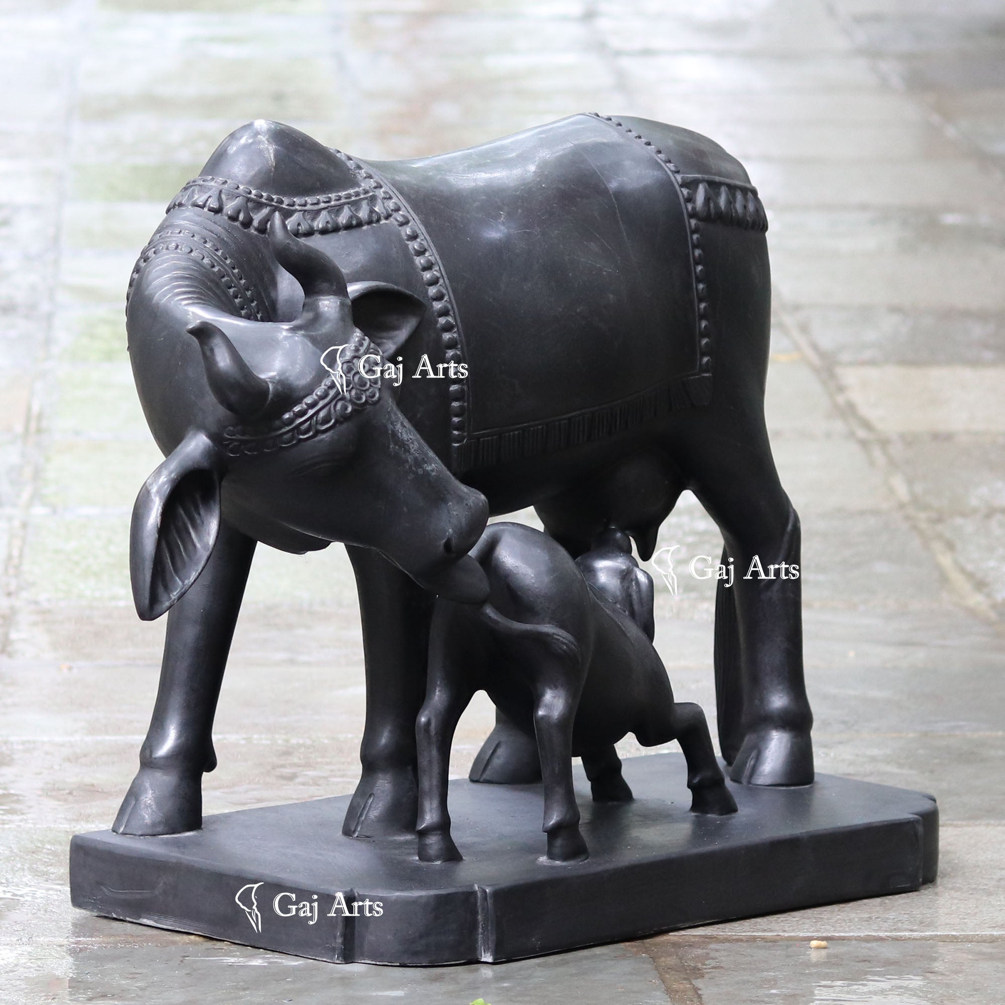 Italian Marble Black markino  Cow &amp; Calf Statue | 30 Inch