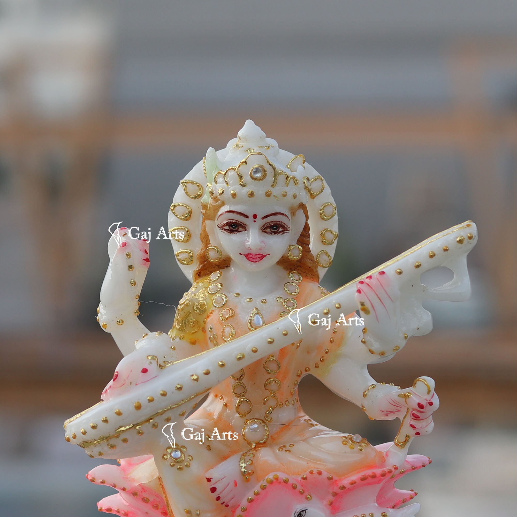 White Ethiopia Marble Saraswati Maa Idol | 6 Inch
