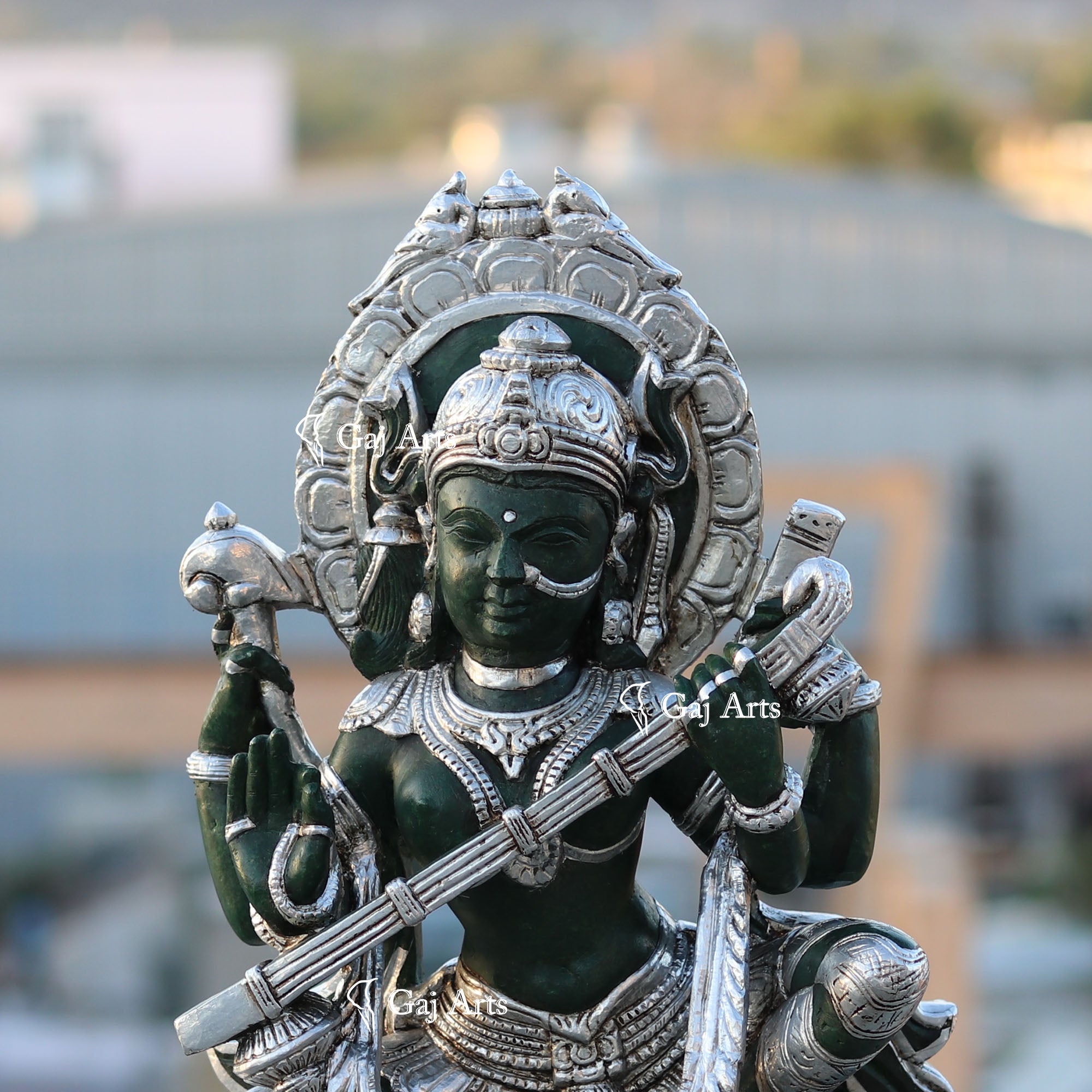 Green Marble Saraswati Mata Statue | 21 Inch