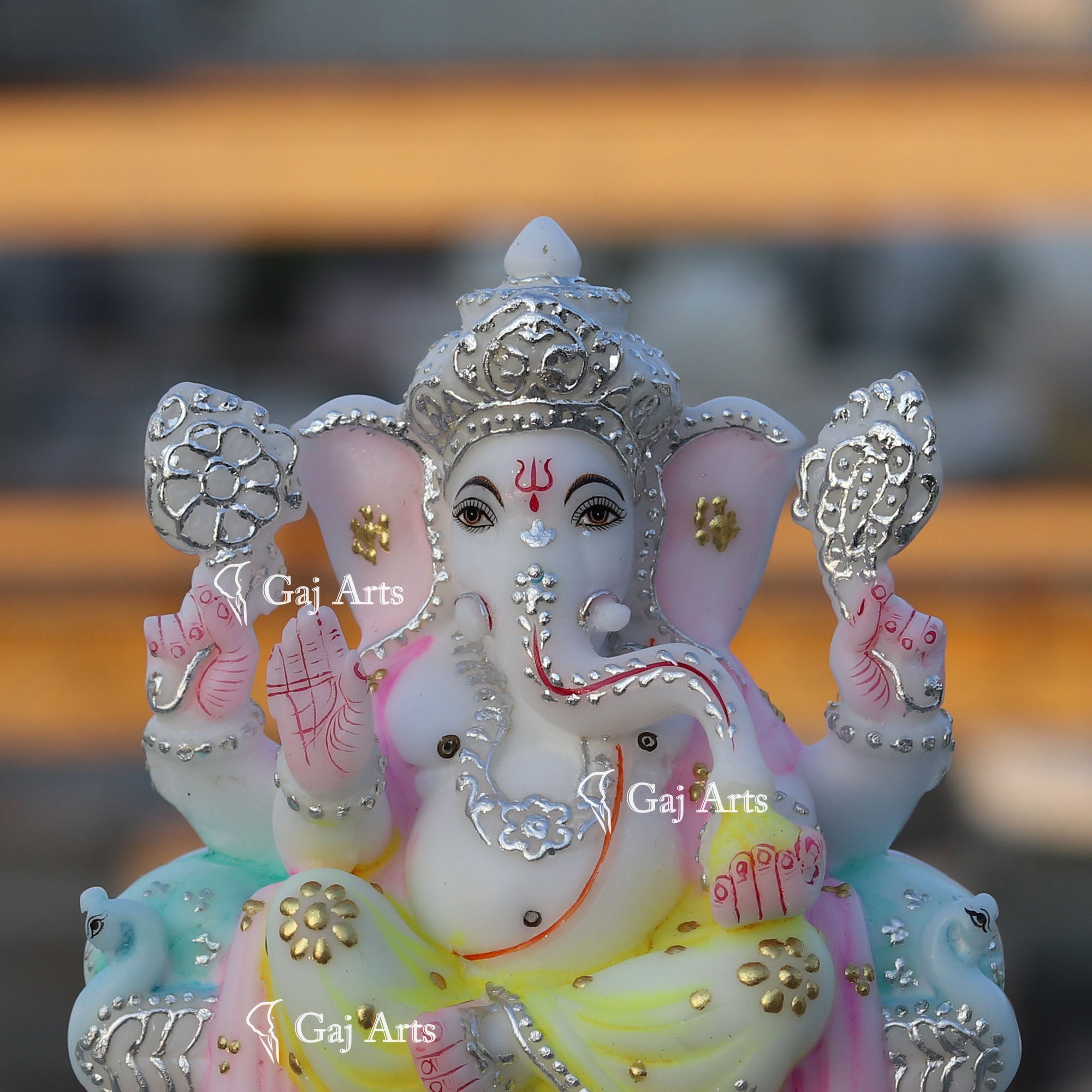 White Marble Ganesh Statue with Silver Work | 7 Inch