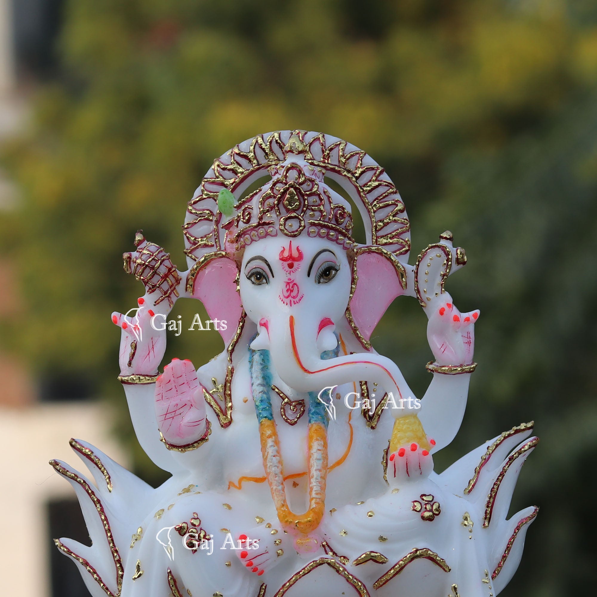 White Marble Ganesh Statue on Lotus | 9 Inch