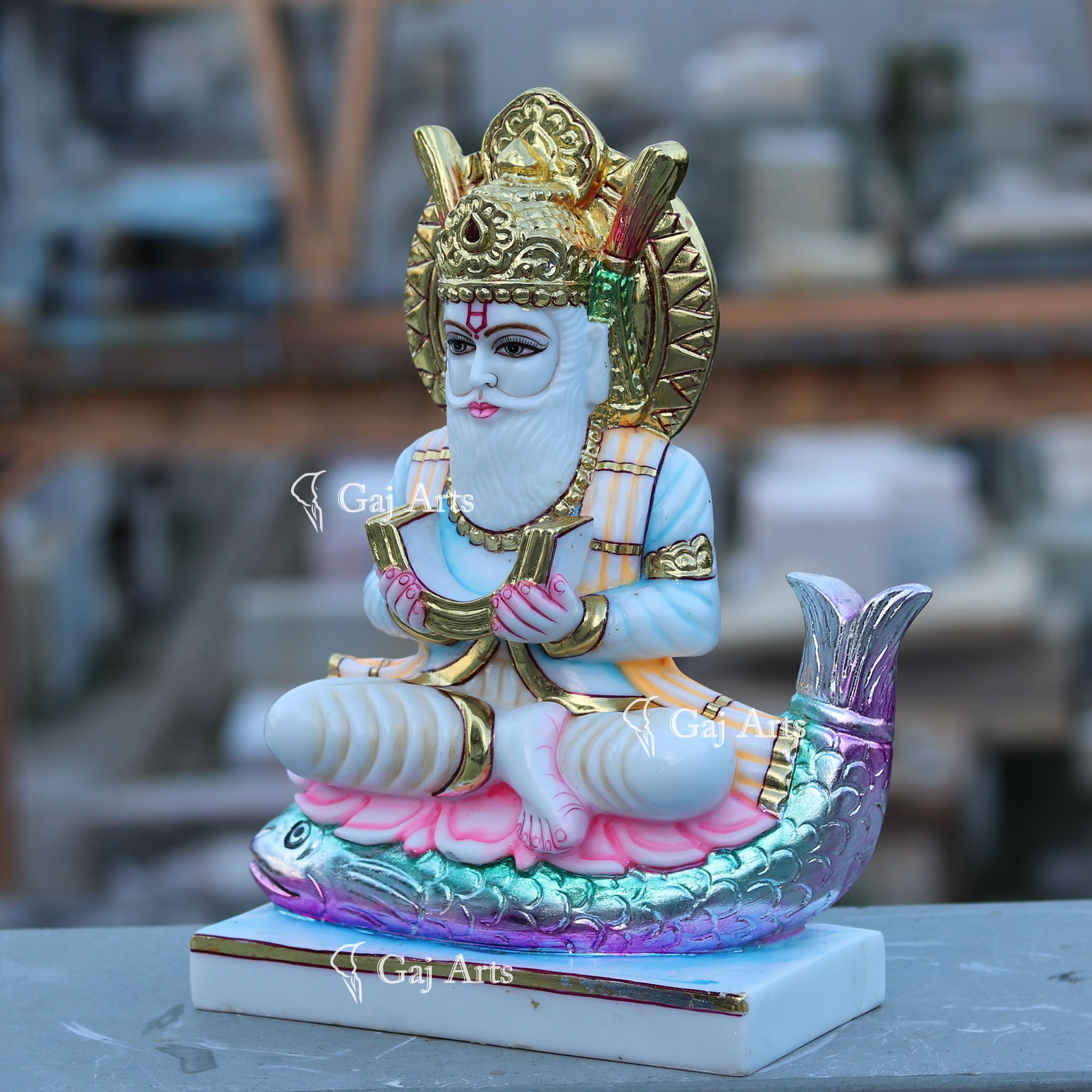 Marble Jhulelal Idol Seated on Palla Fish | 15 Inch