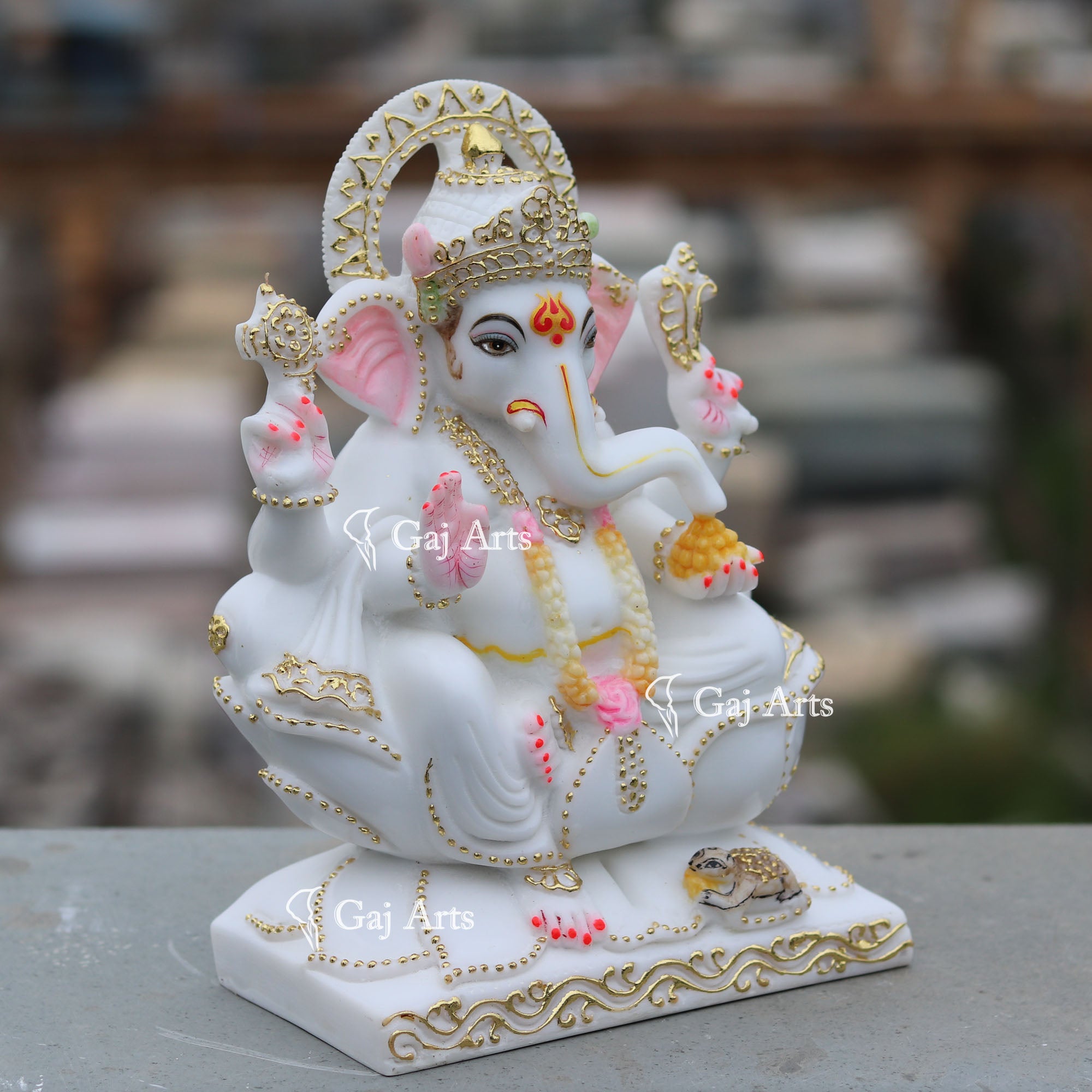 Marble Ganesh Idol on Lotus Base | 10 Inch
