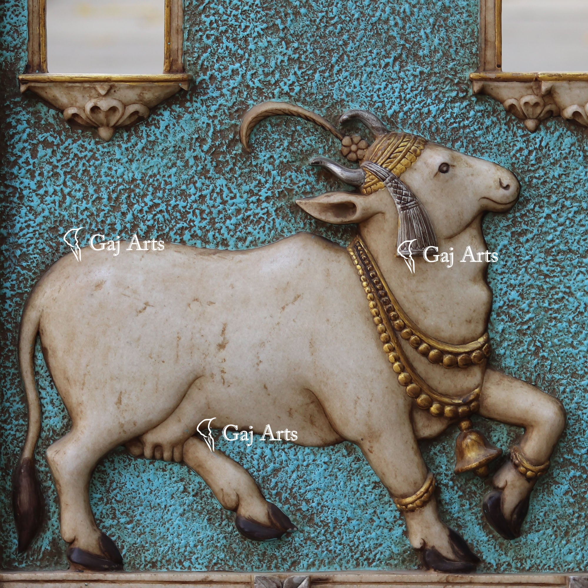 White Marble Jharokha with Cow Sculpture | 40 Inch