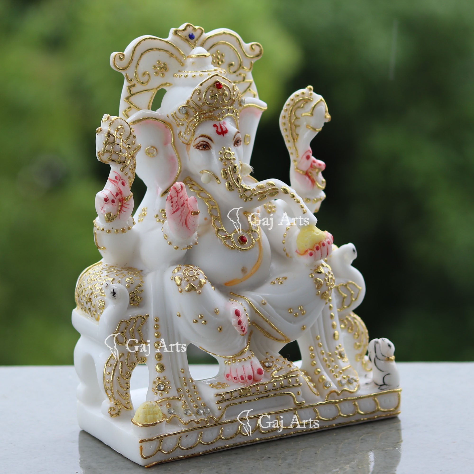Decorative Marble Ganpati Idol with Gold Detailing | 7 Inch