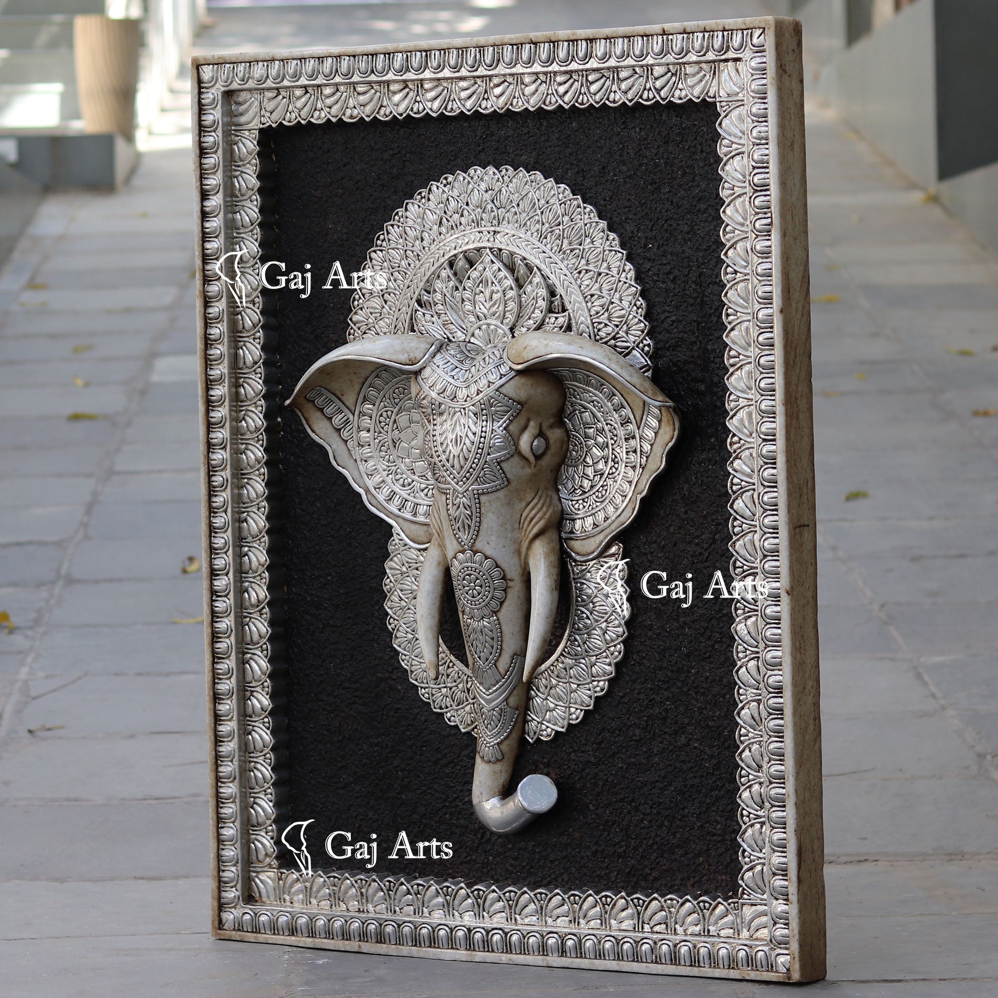 White Antique Finish Marble Elephant Face Wall Panel Silver Art | 48 Inch