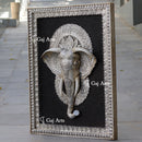 White Antique Finish Marble Elephant Face Wall Panel Silver Art | 48 Inch