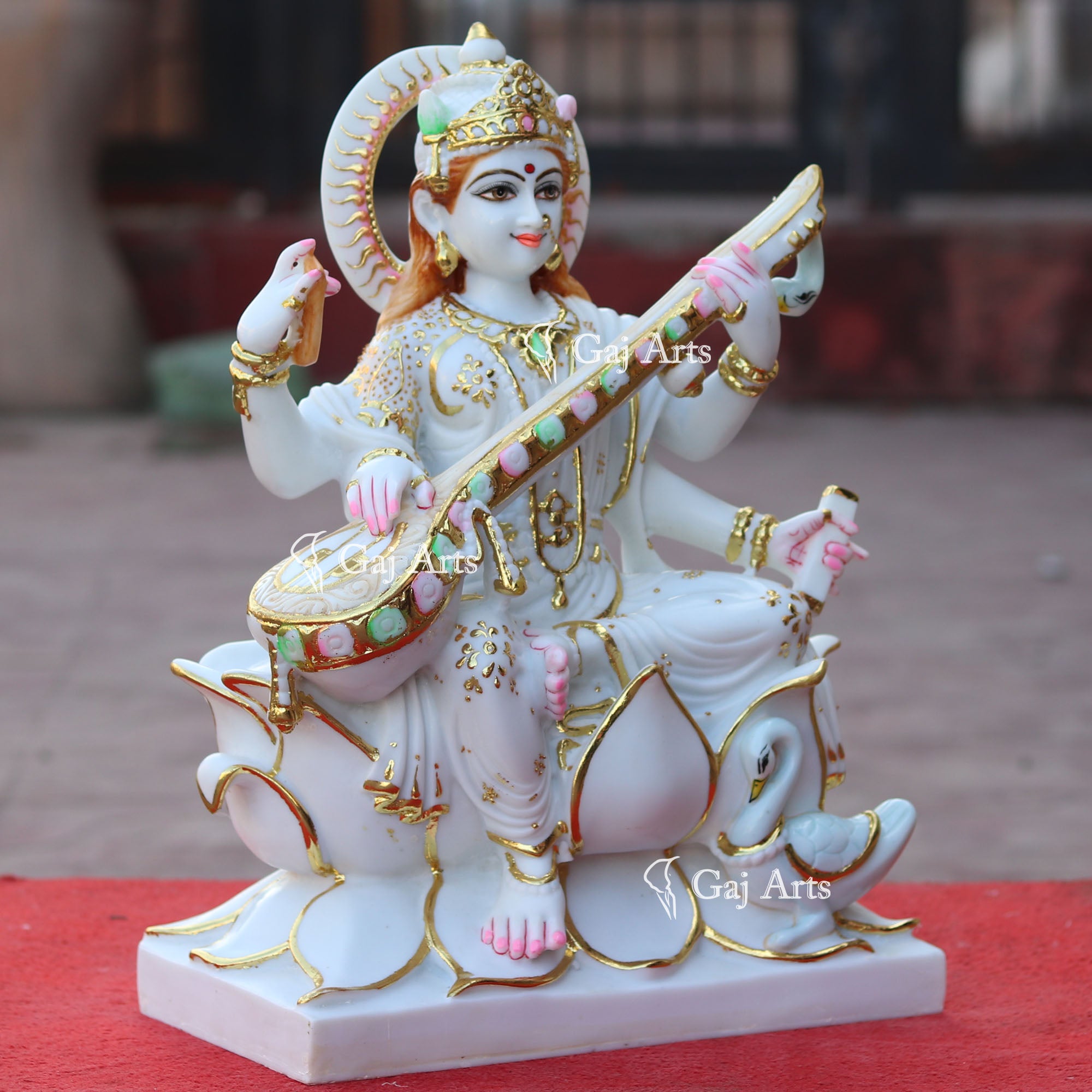 White Marble Saraswati Mata Idol | 18 Inch