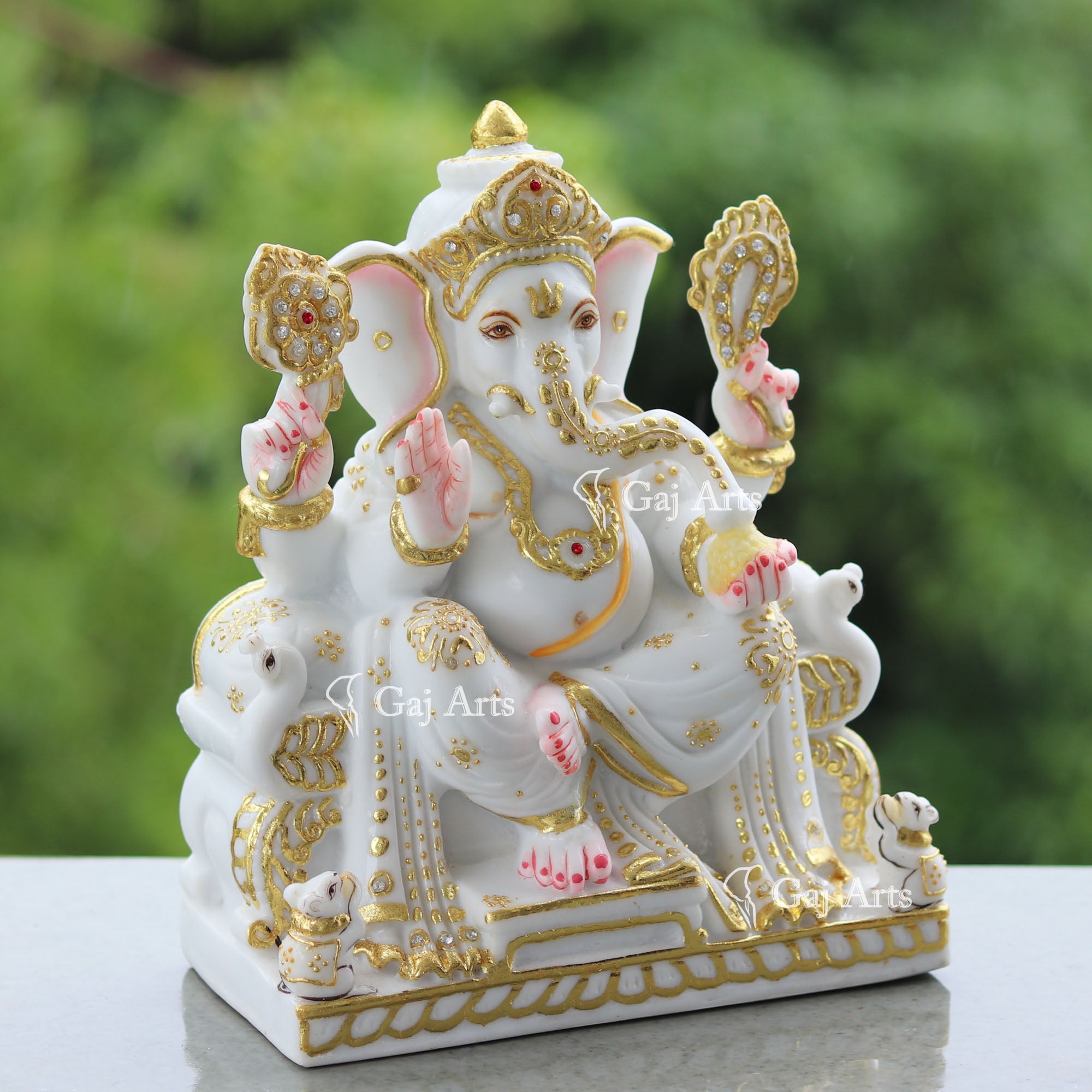 Marble Ganpati Idol on Singhasan Base | 9 Inch