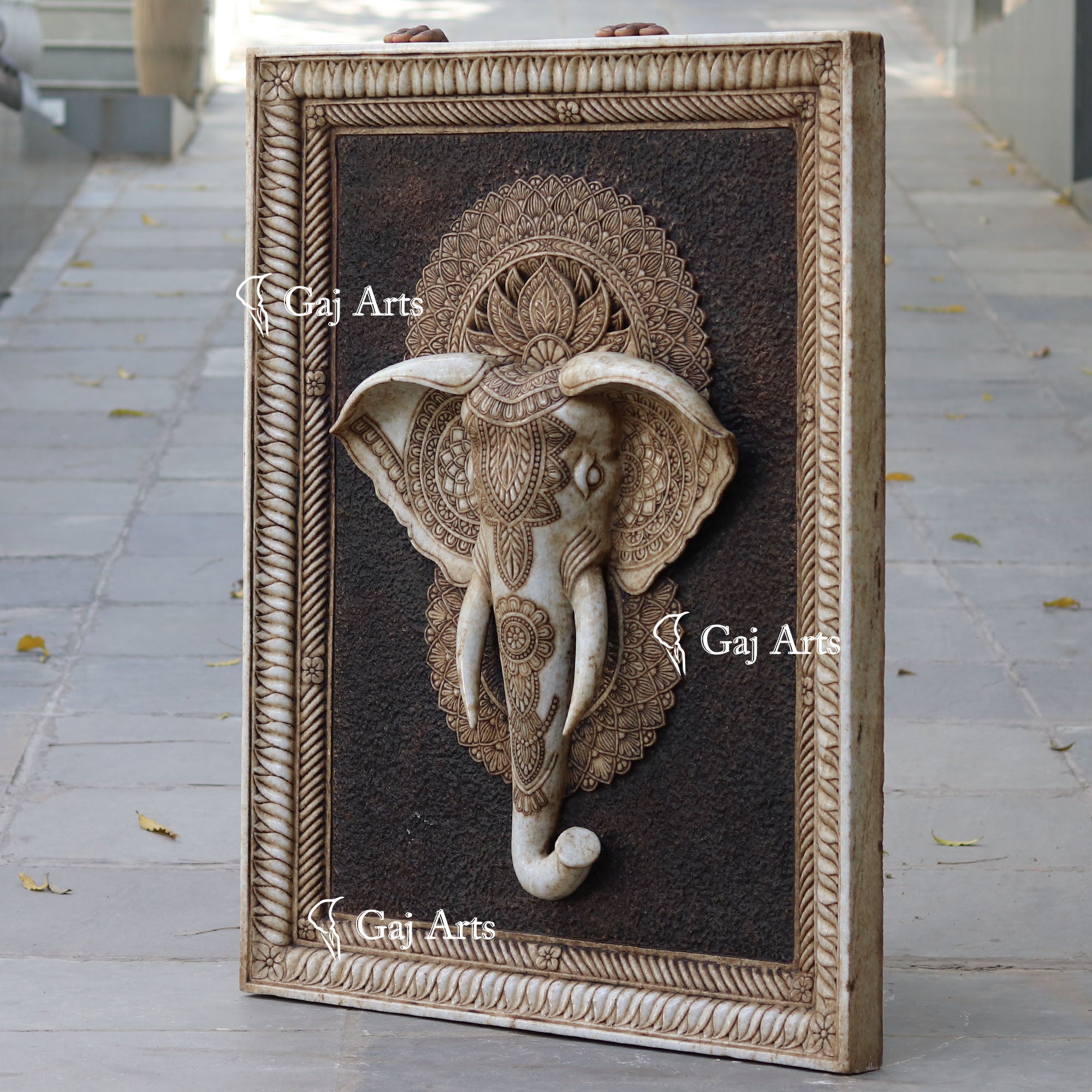 White Antique Finish Marble Elephant Face Wall Panel | 48 Inch