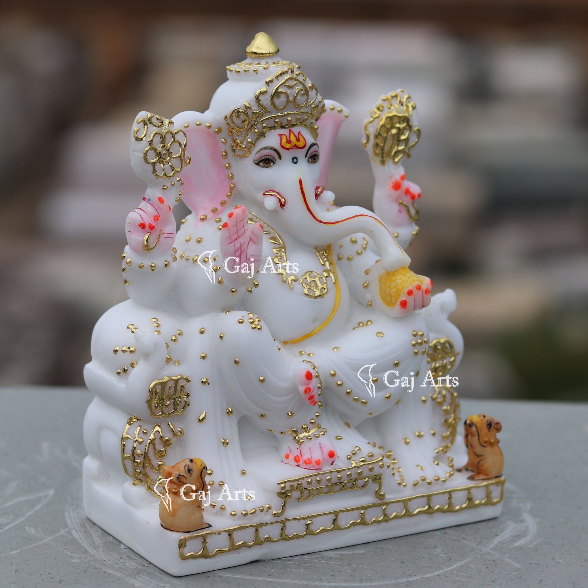 Marble Ganpati Idol with Gold Accents | 7 Inch