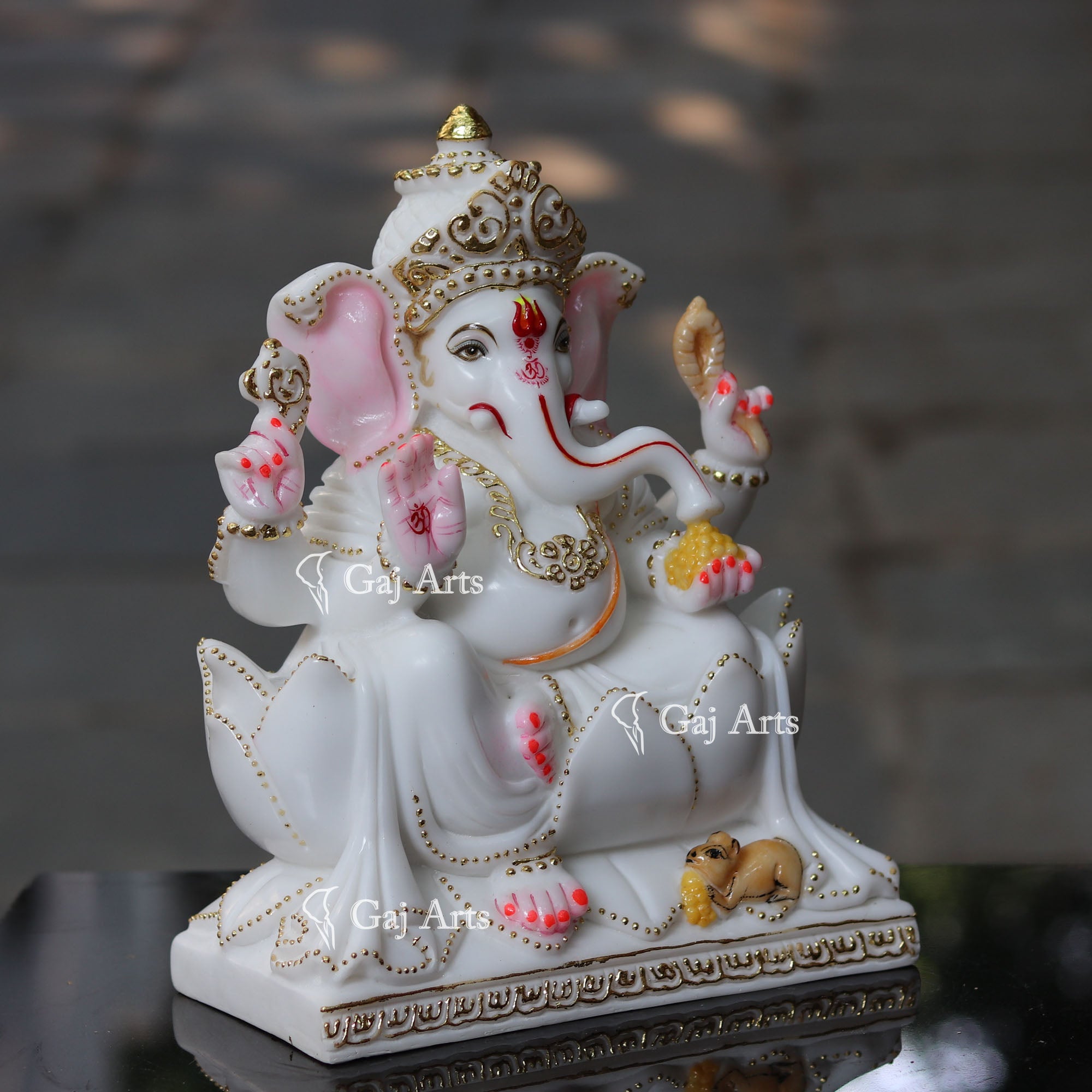 Marble Ganesh Statue on Lotus | 12 Inch