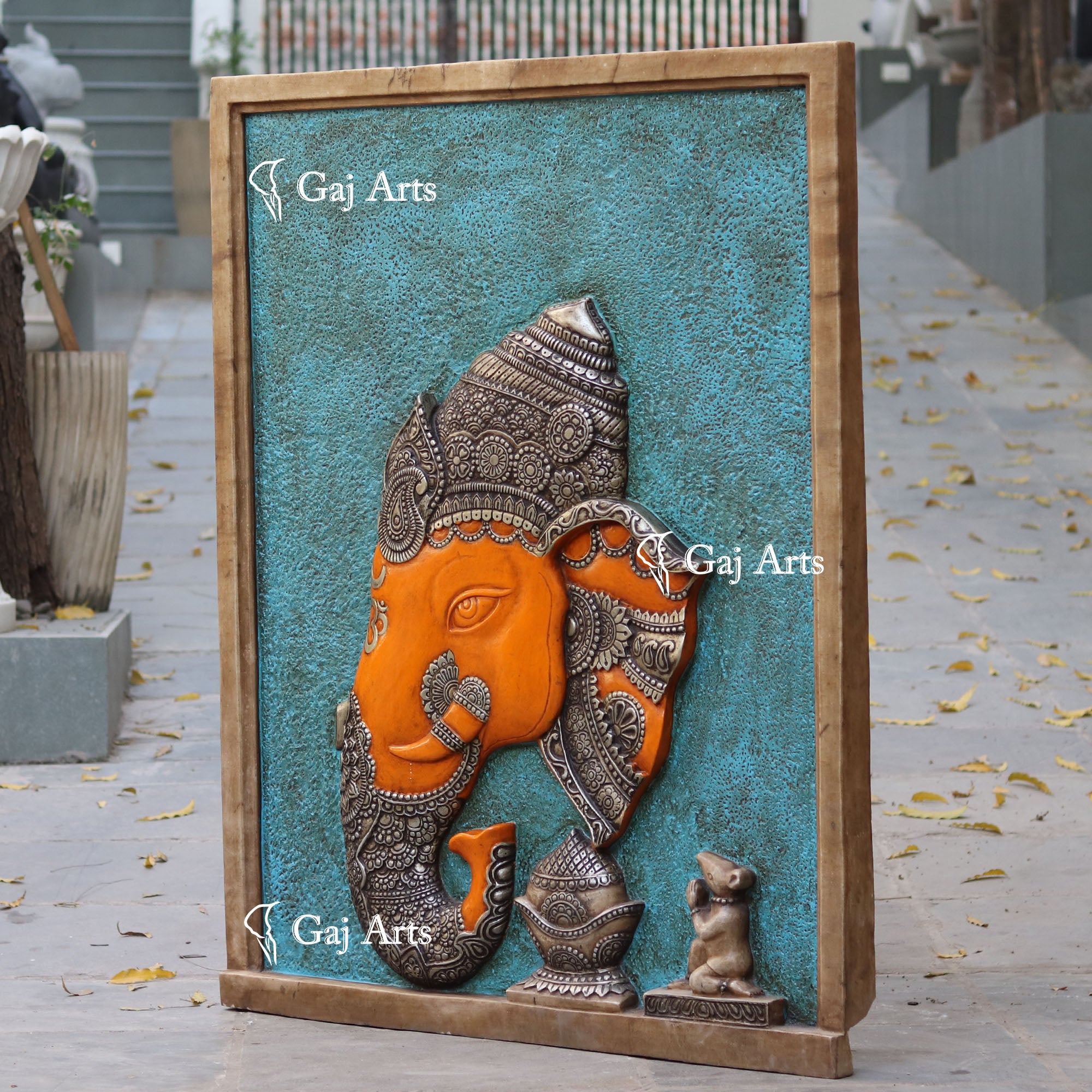 White Antique Finish Marble Ganpati Face Wall Panel | 60 Inch
