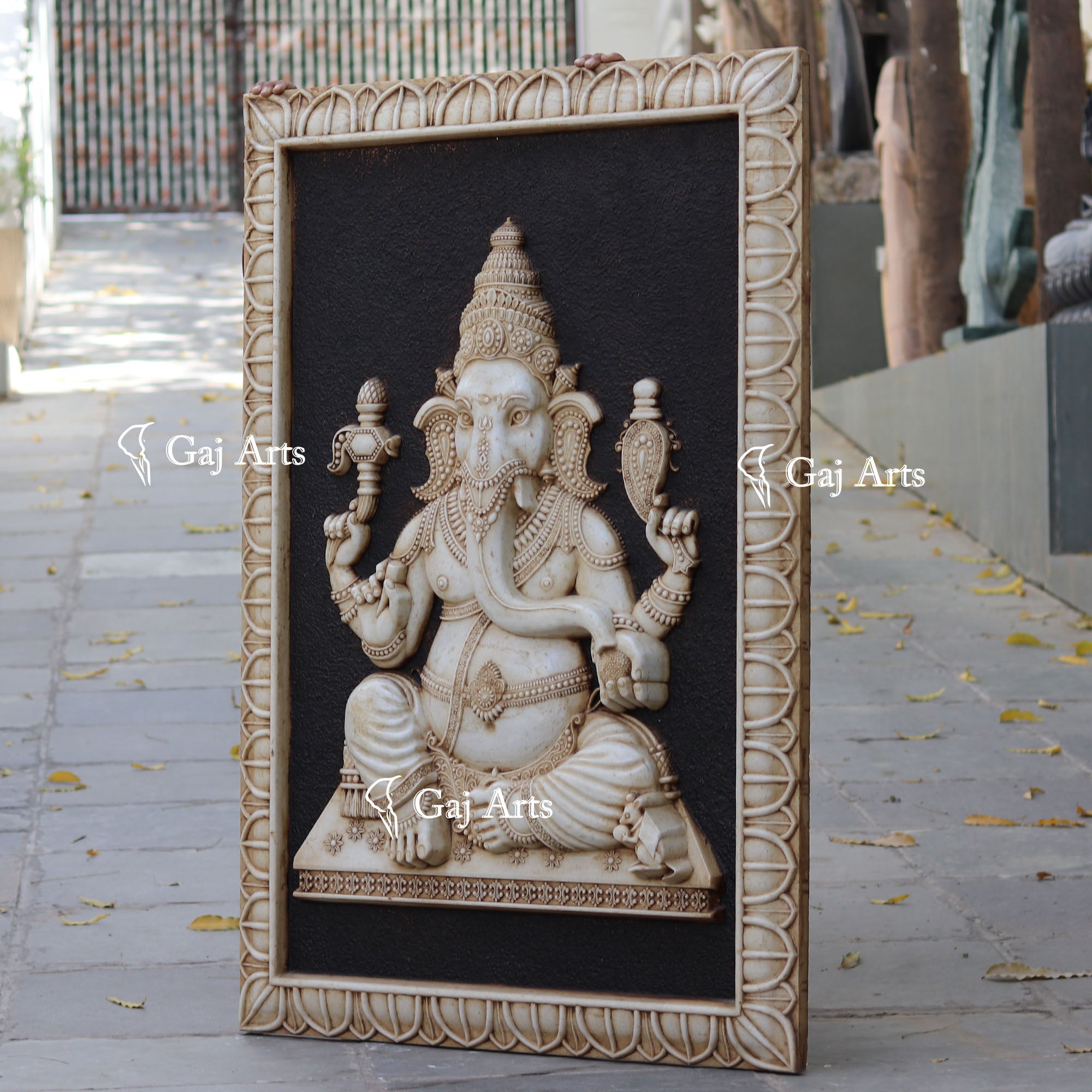 White Antique Finish Marble Ganpati Wall Panel Sea Foam Art | 60 Inch