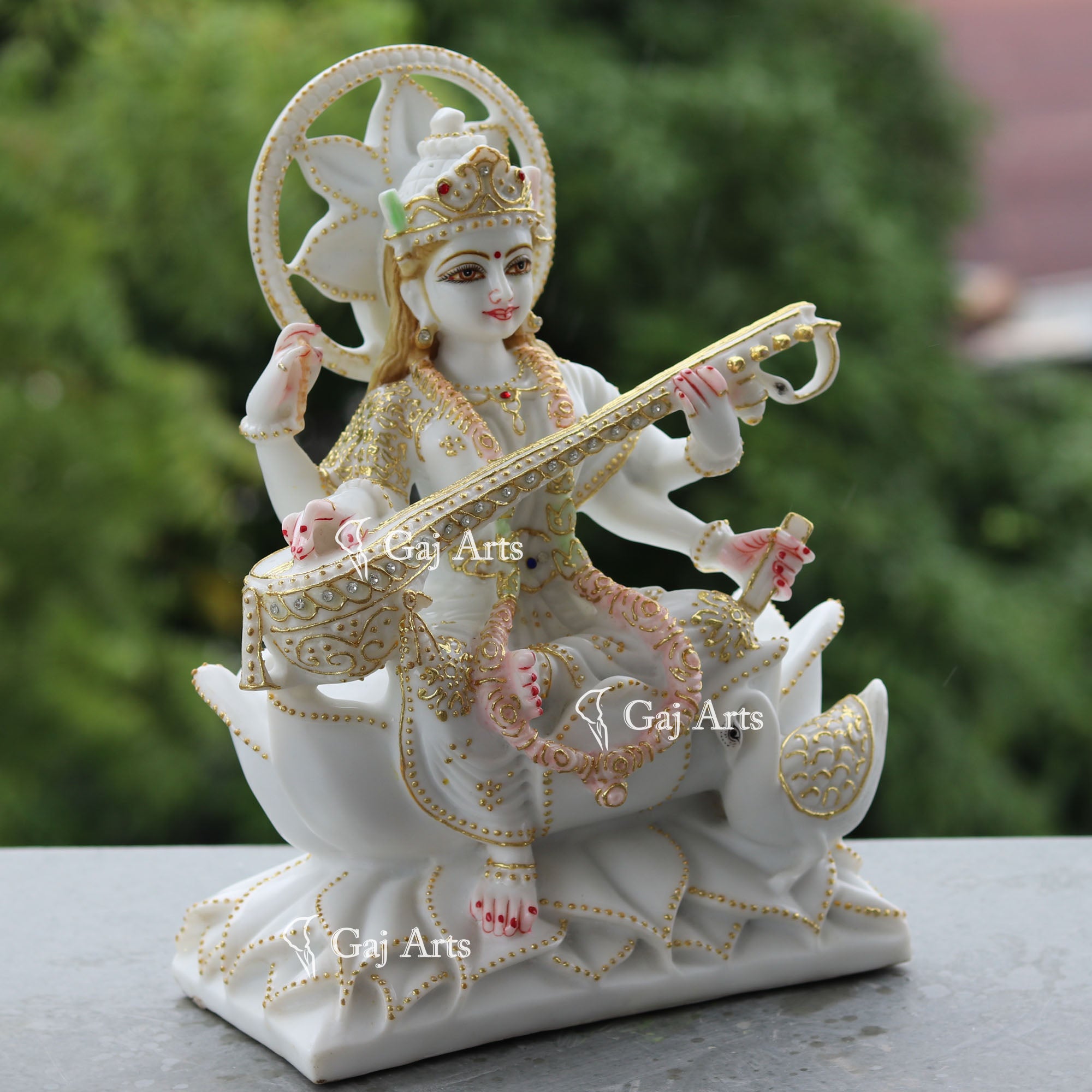 White Marble Saraswati Mata Statue | 12 Inch
