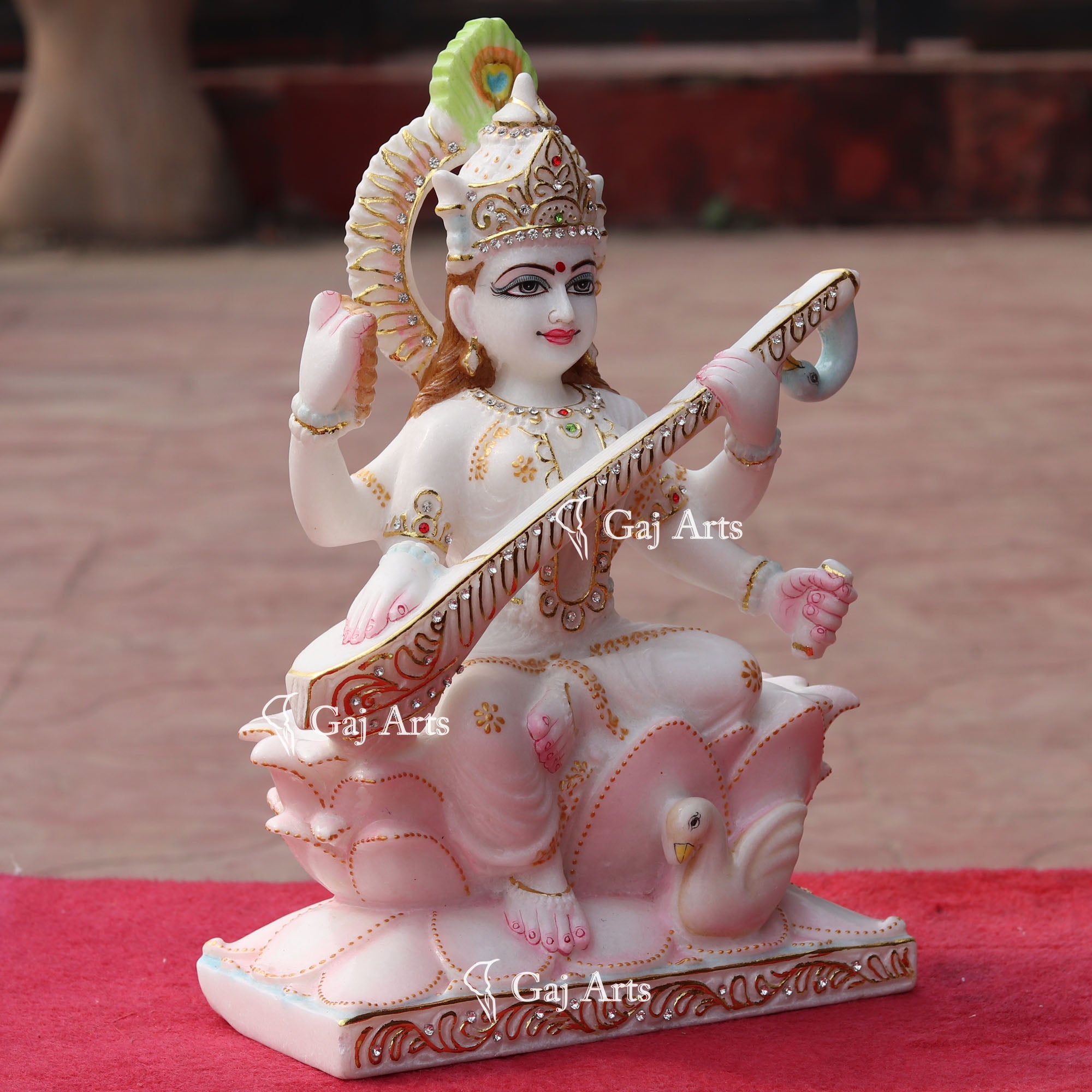 White Marble Saraswati Mata Idol | 15 Inch