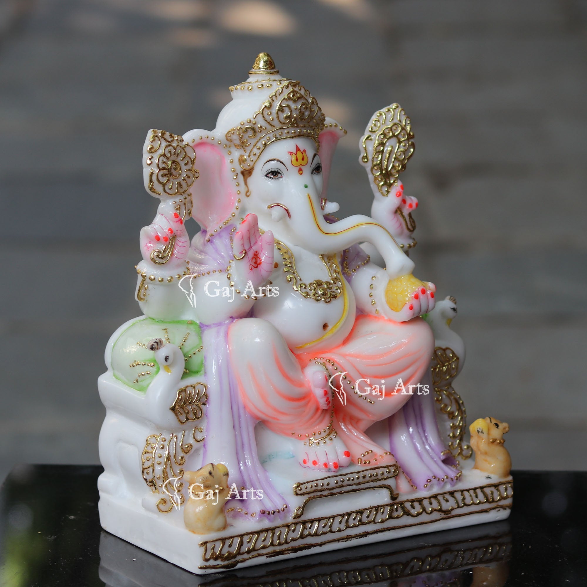 White Marble Ganpati Idol on Singhasan | 12 Inch