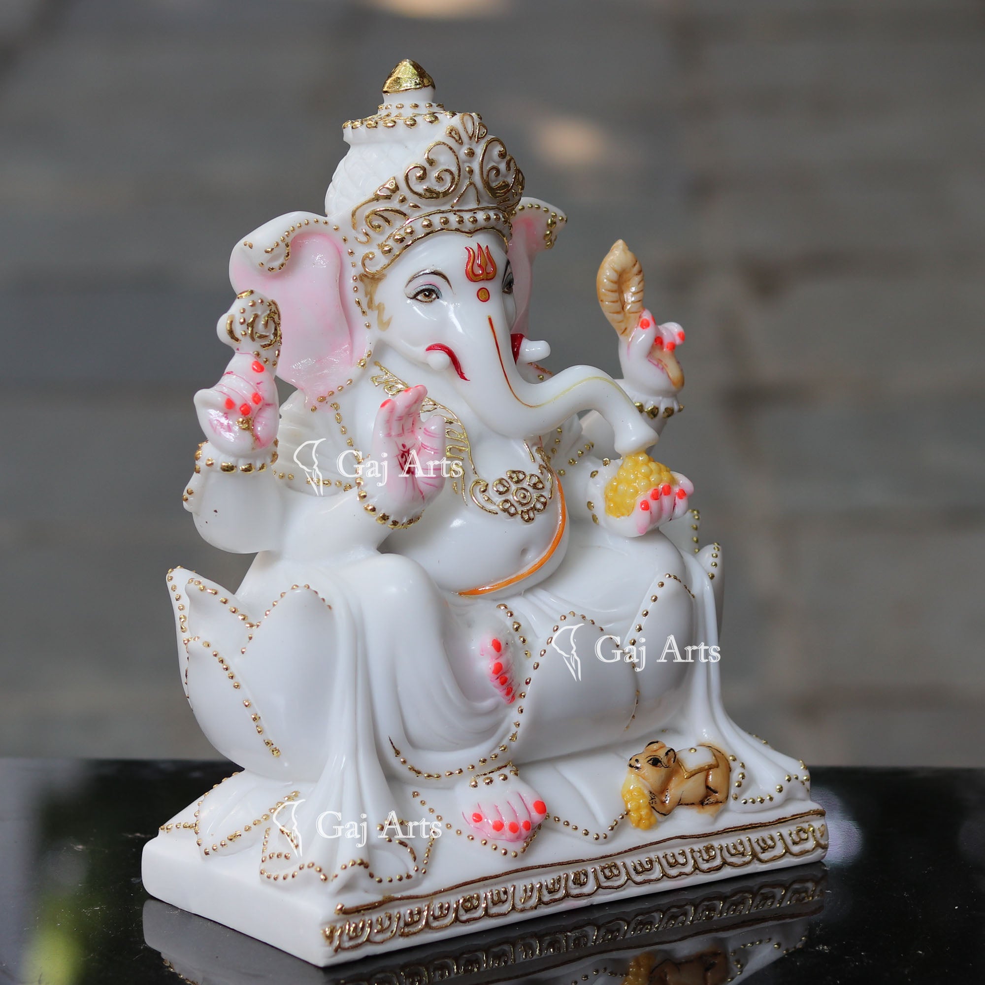 White Marble Ganesh Idol on Lotus Base | 12 Inch