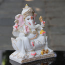 White Marble Ganesh Idol on Lotus Base | 12 Inch