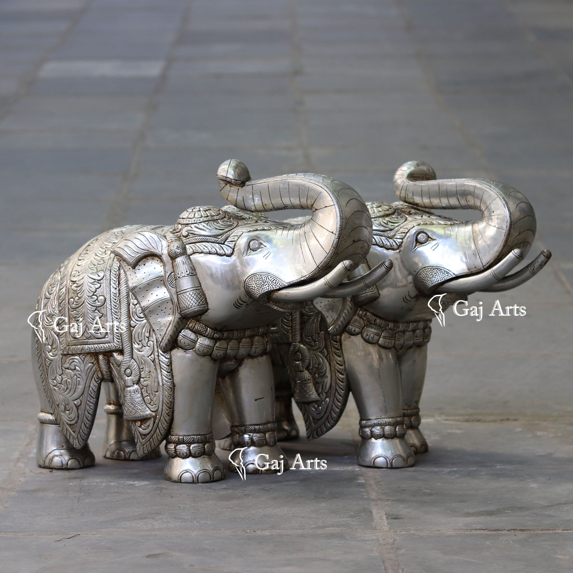 Wooden Elephant Statue with Silver Metal Work | 21 Inch