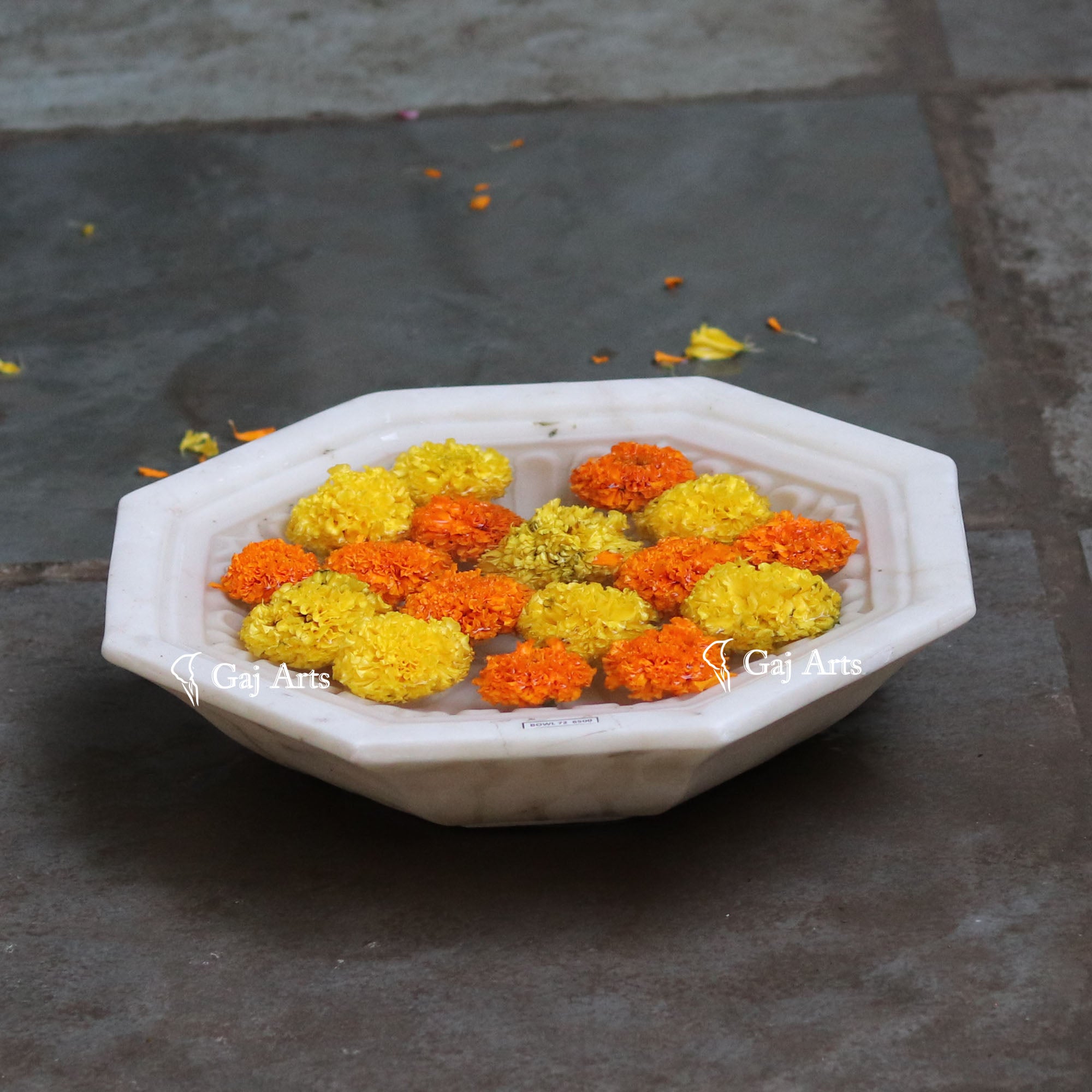 Rajasthan White Marble Decorative Flower Uruli | 15 Inch