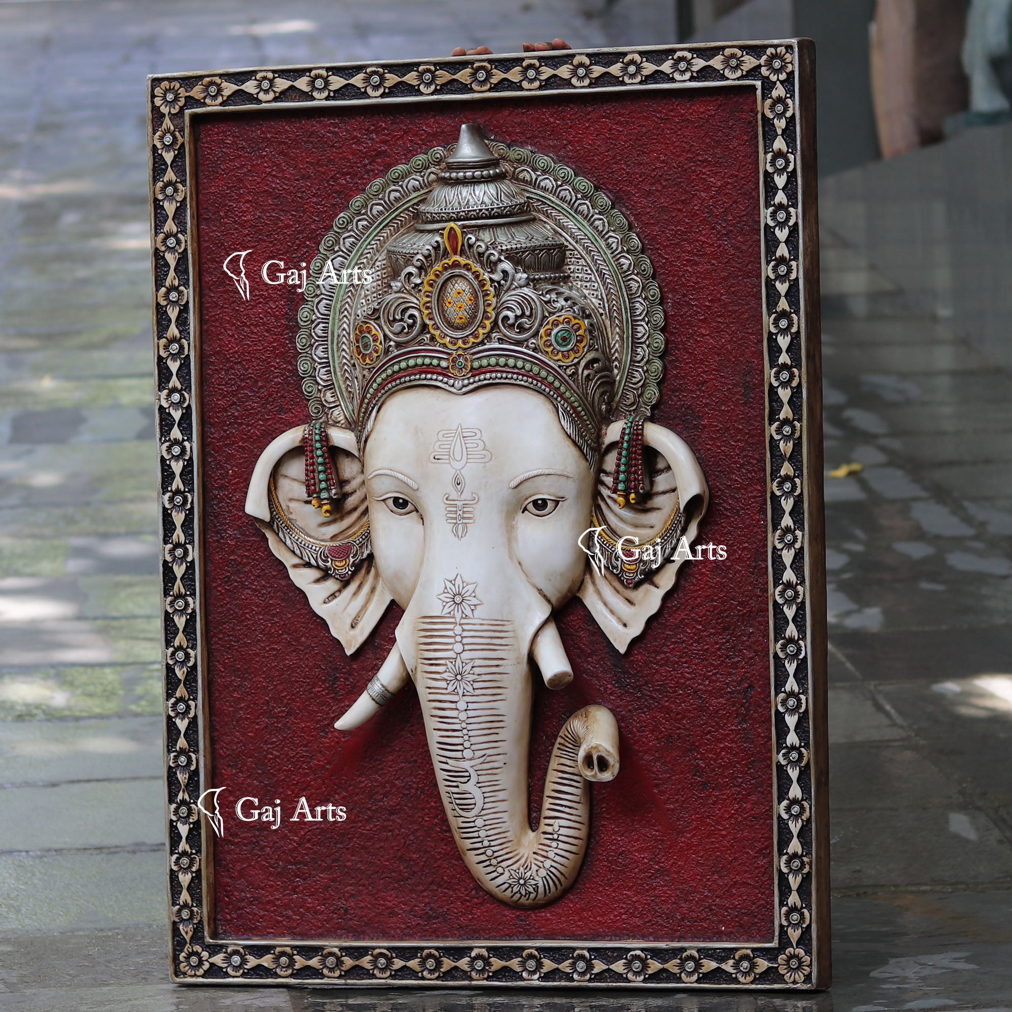 White Antique Finish  Ganpati Face Wall Panel | 48 Inch