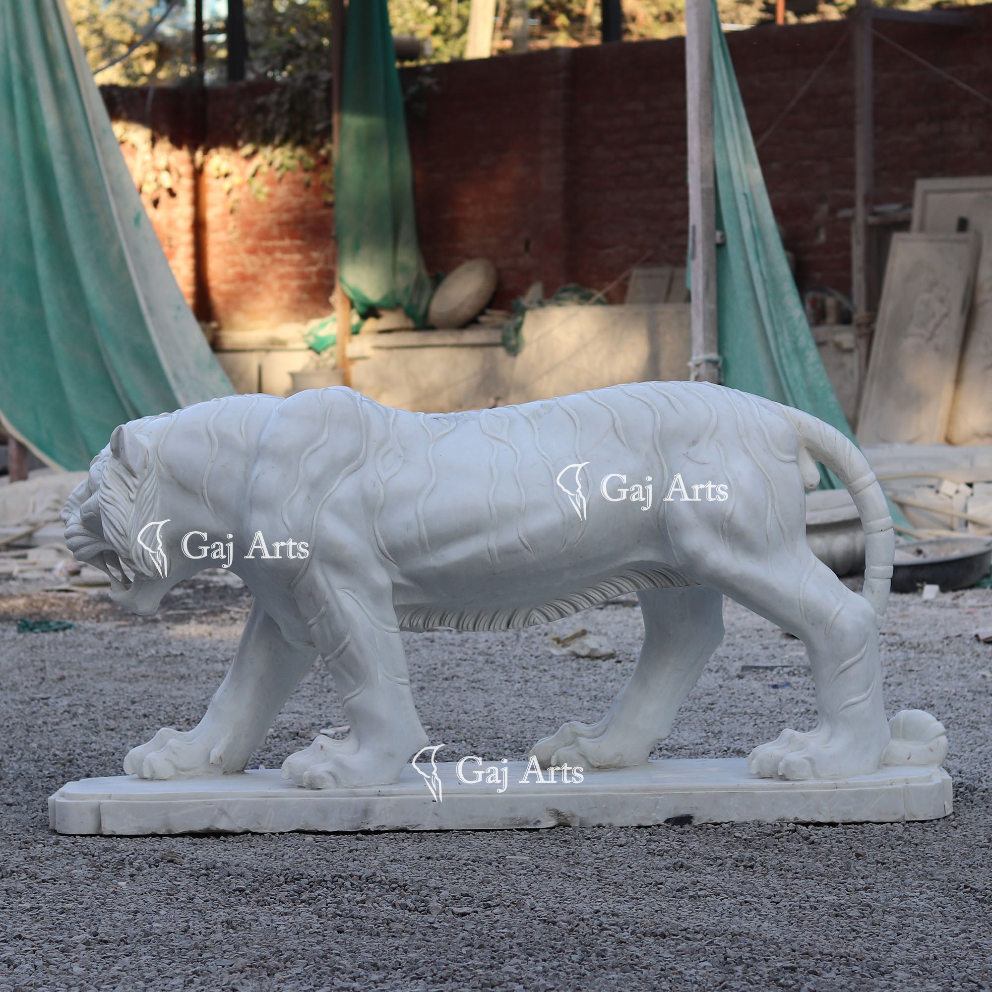 White Marble Royal Tiger Sculpture | 66 Inch
