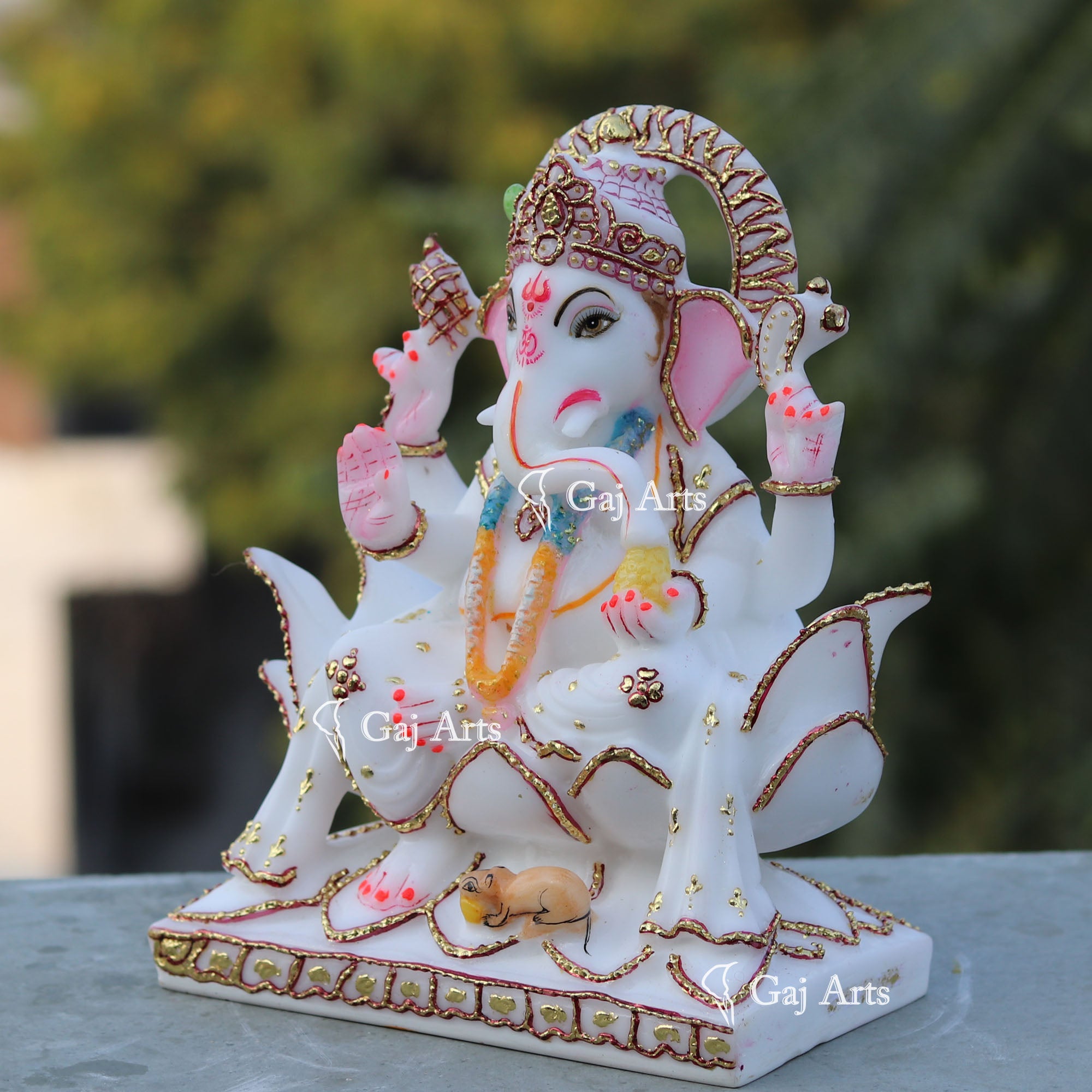 White Marble Ganesh Statue on Lotus | 9 Inch