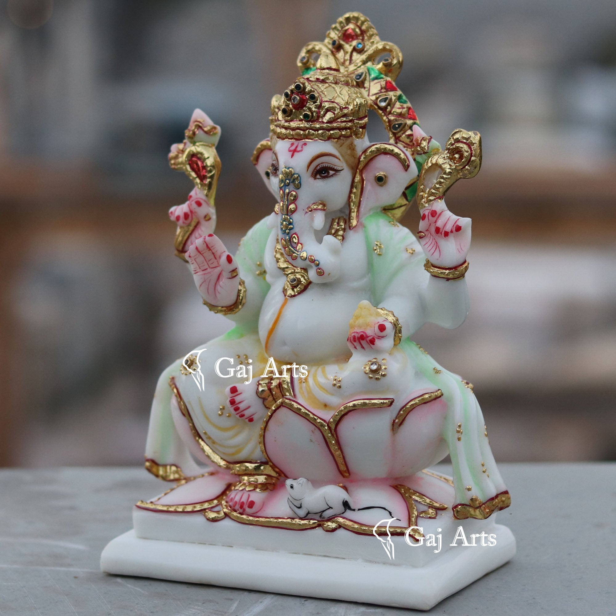 Marble Ganesh Idol with Gold Work | 8 Inch