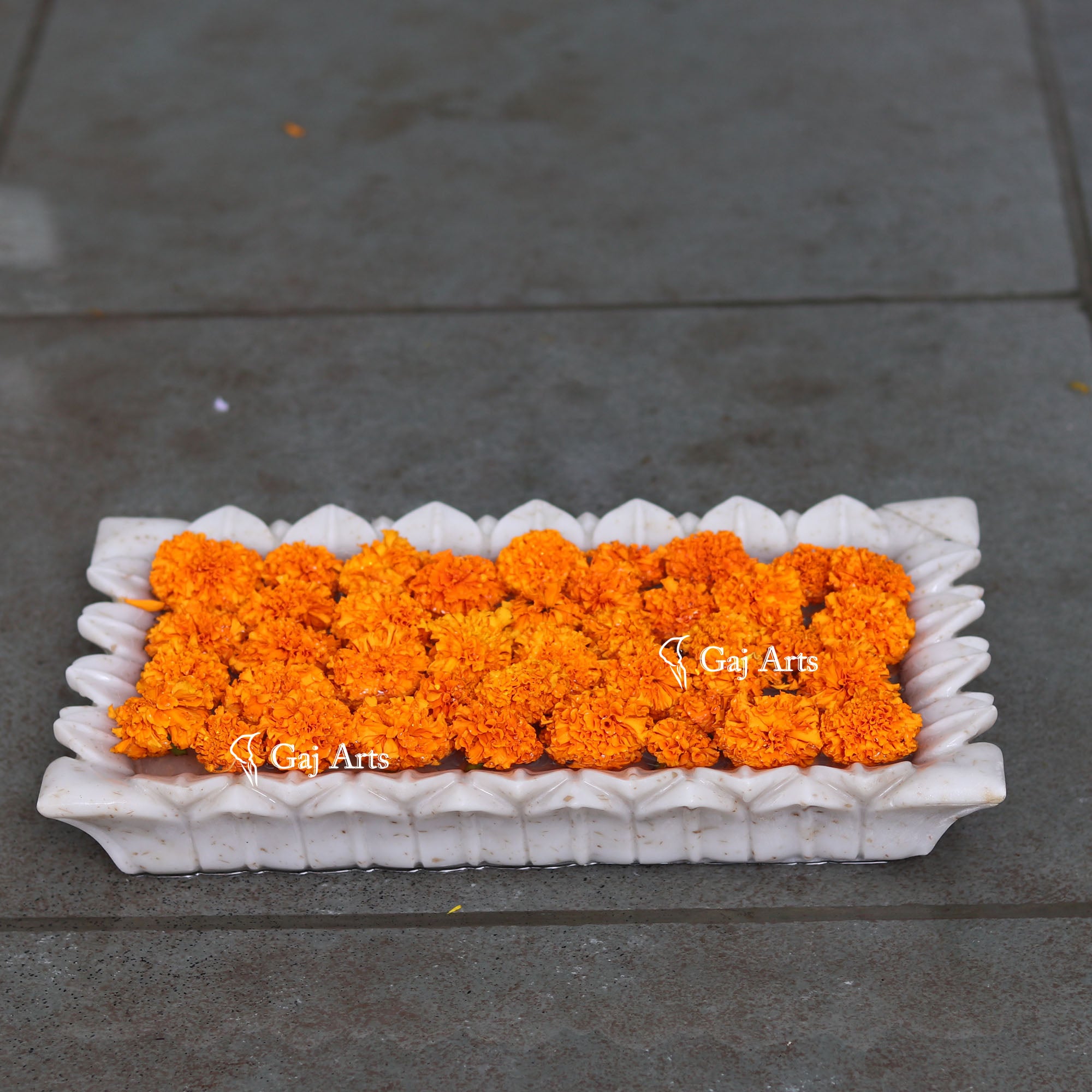 Rajasthan White Marble Flower Floater Uruli | 15 Inch