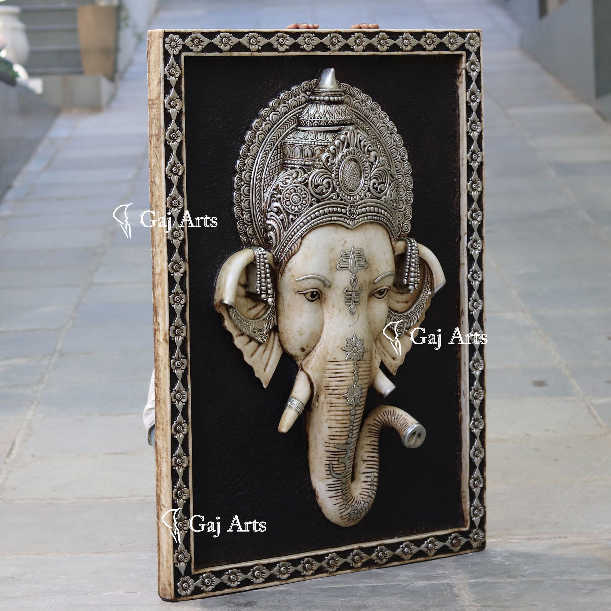 White Marble Ganpati Wall Panel Silver Art | 48 Inch