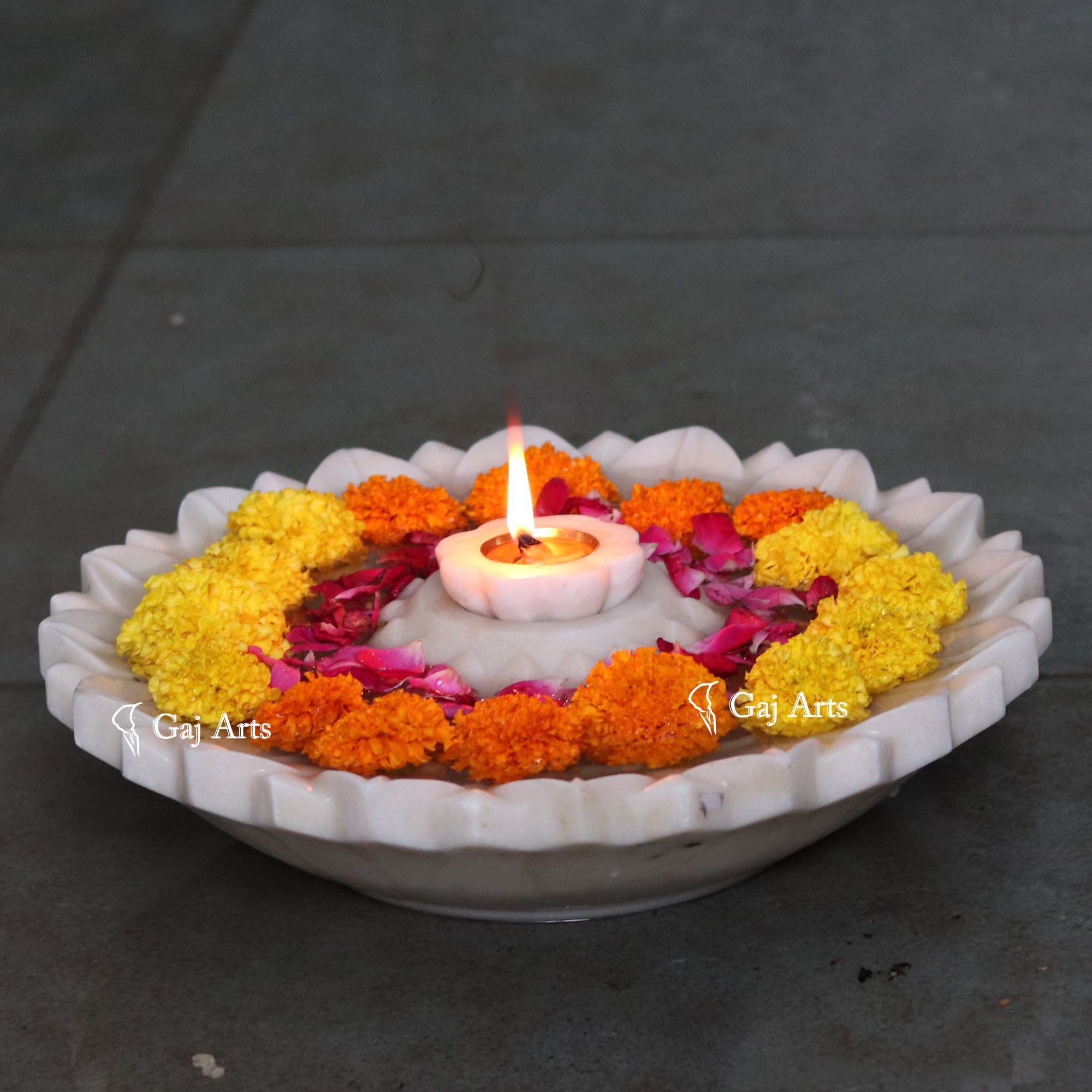 Rajasthan White Marble Hand-Carved Flower Uruli | 15 Inch