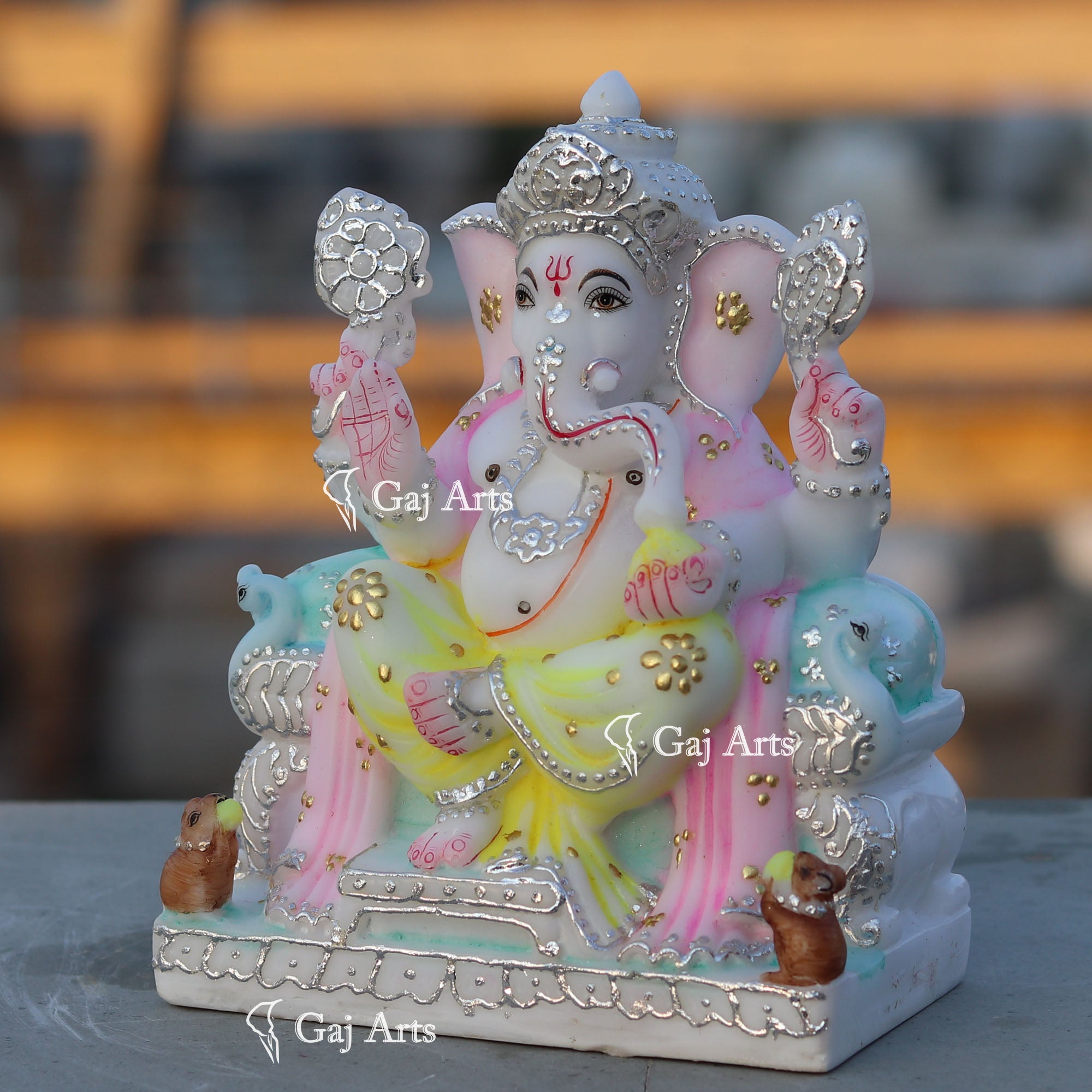 White Marble Ganesh Statue with Silver Work | 7 Inch