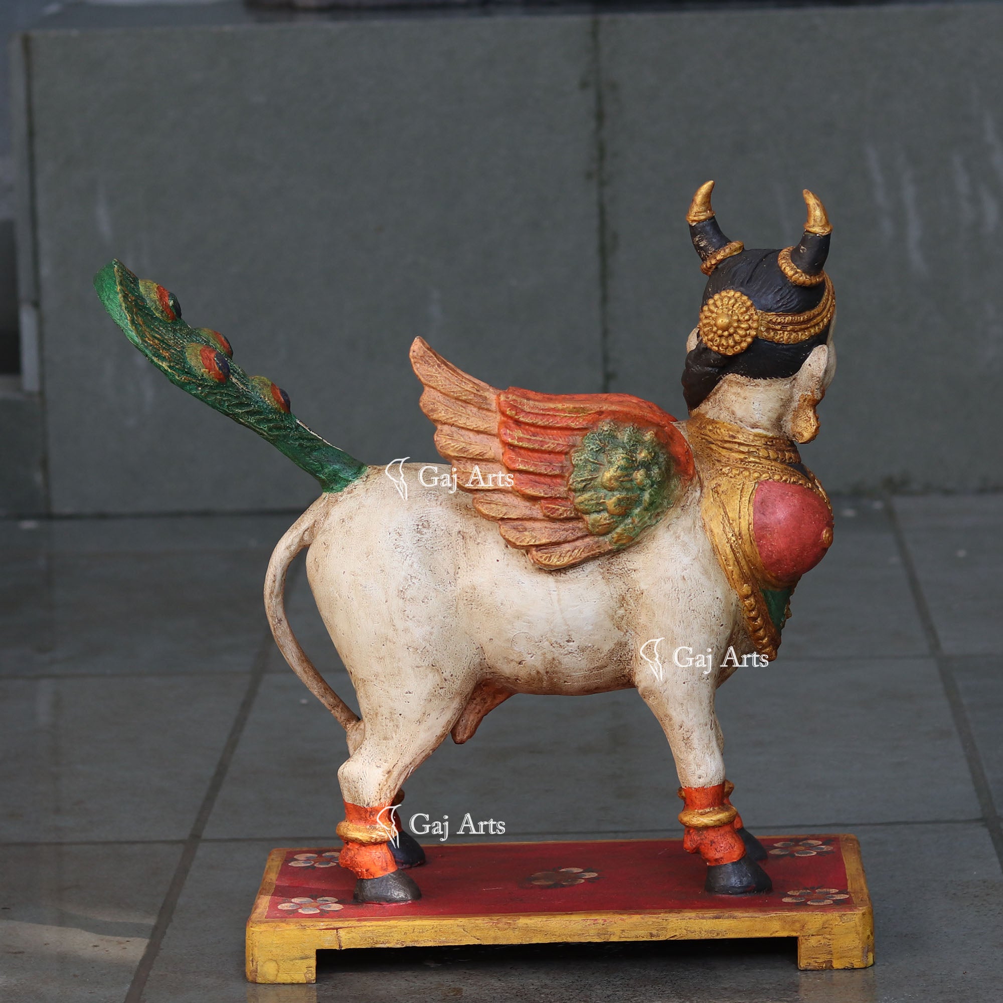 Antique Finish Wooden Kamdhenu Cow Idol | 18 Inch