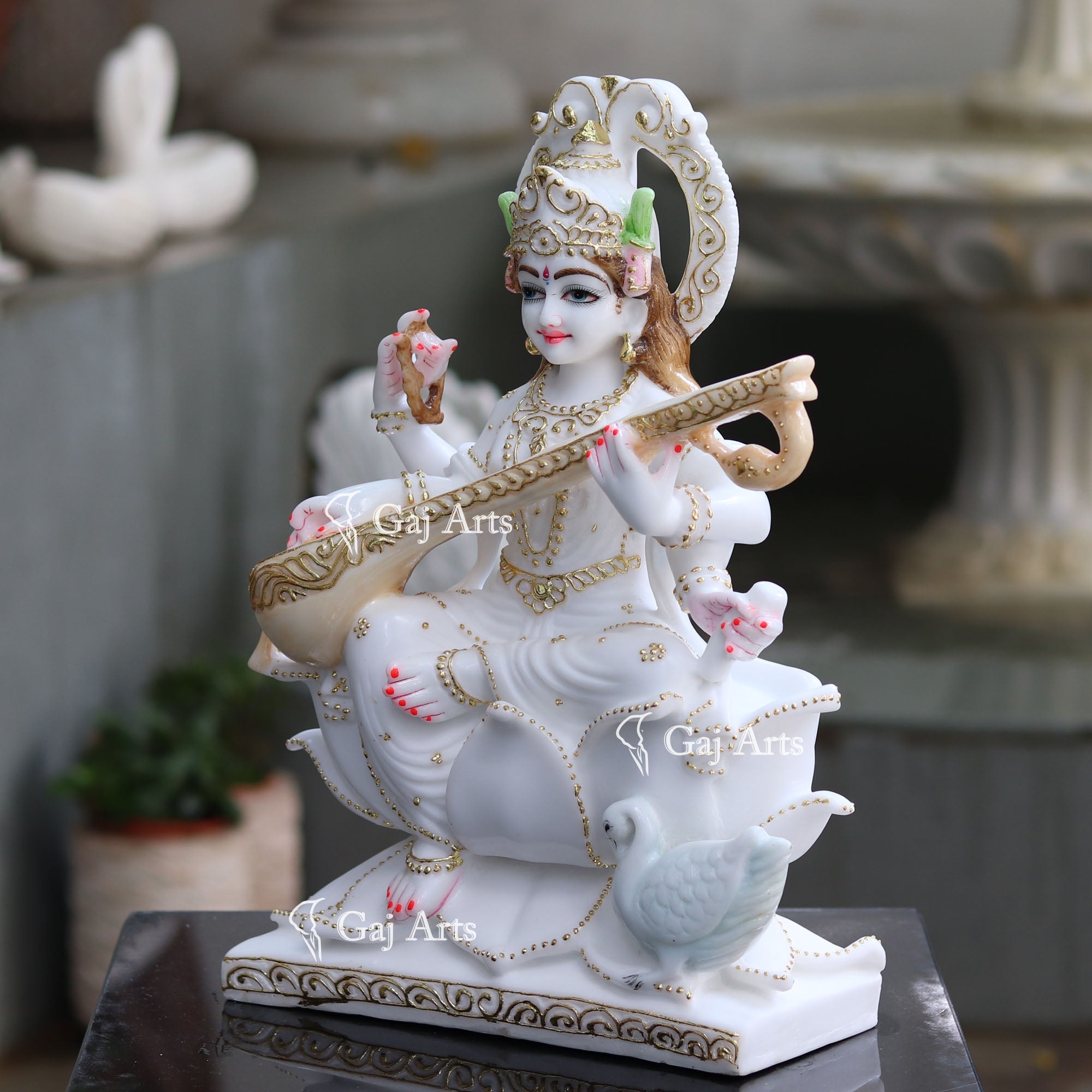 White Marble Saraswati Mata Statue | 18 Inch