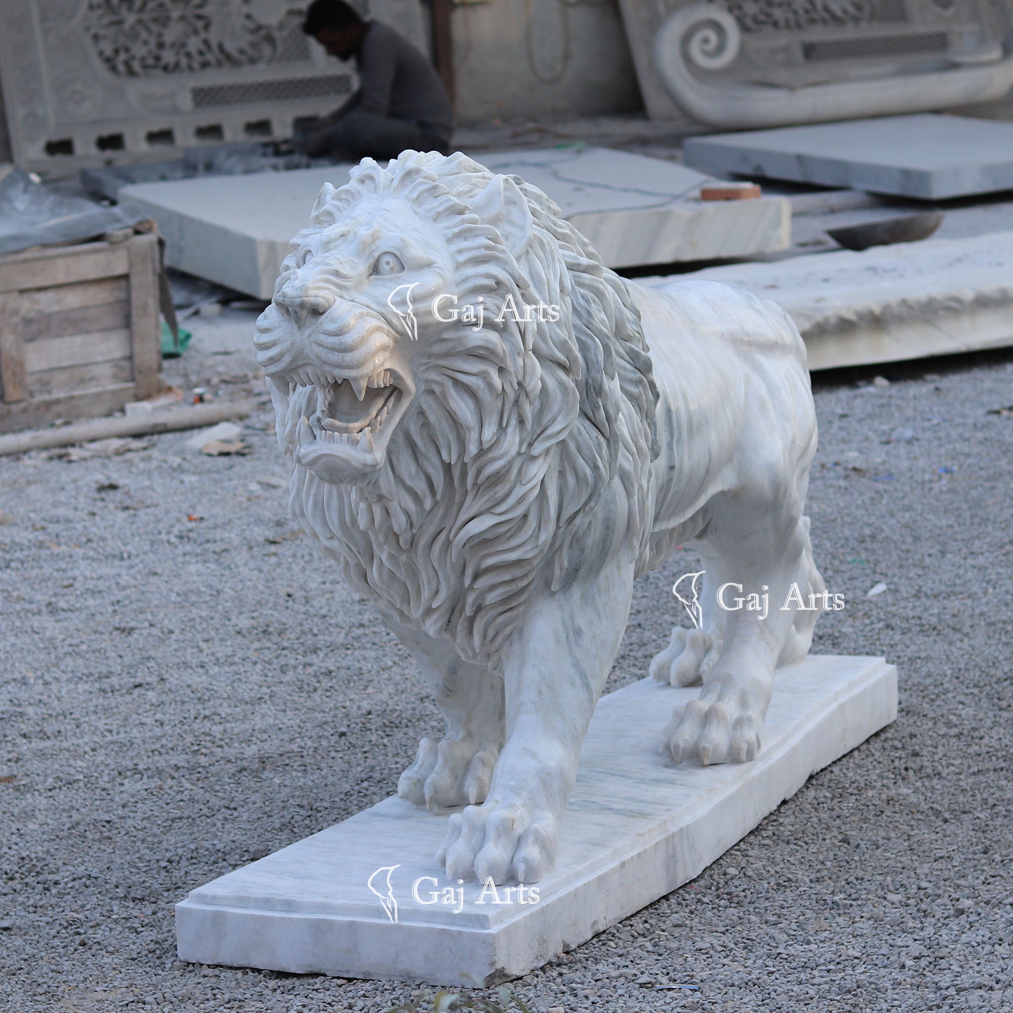 White Marble Grand Lion Sculpture | 72 Inch