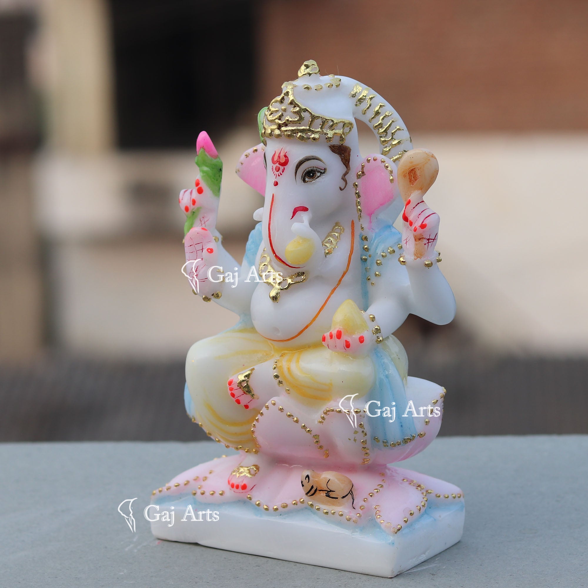 White Marble Ethiopia Ganpati Murti | 7 Inch Gold Foil Handcrafted