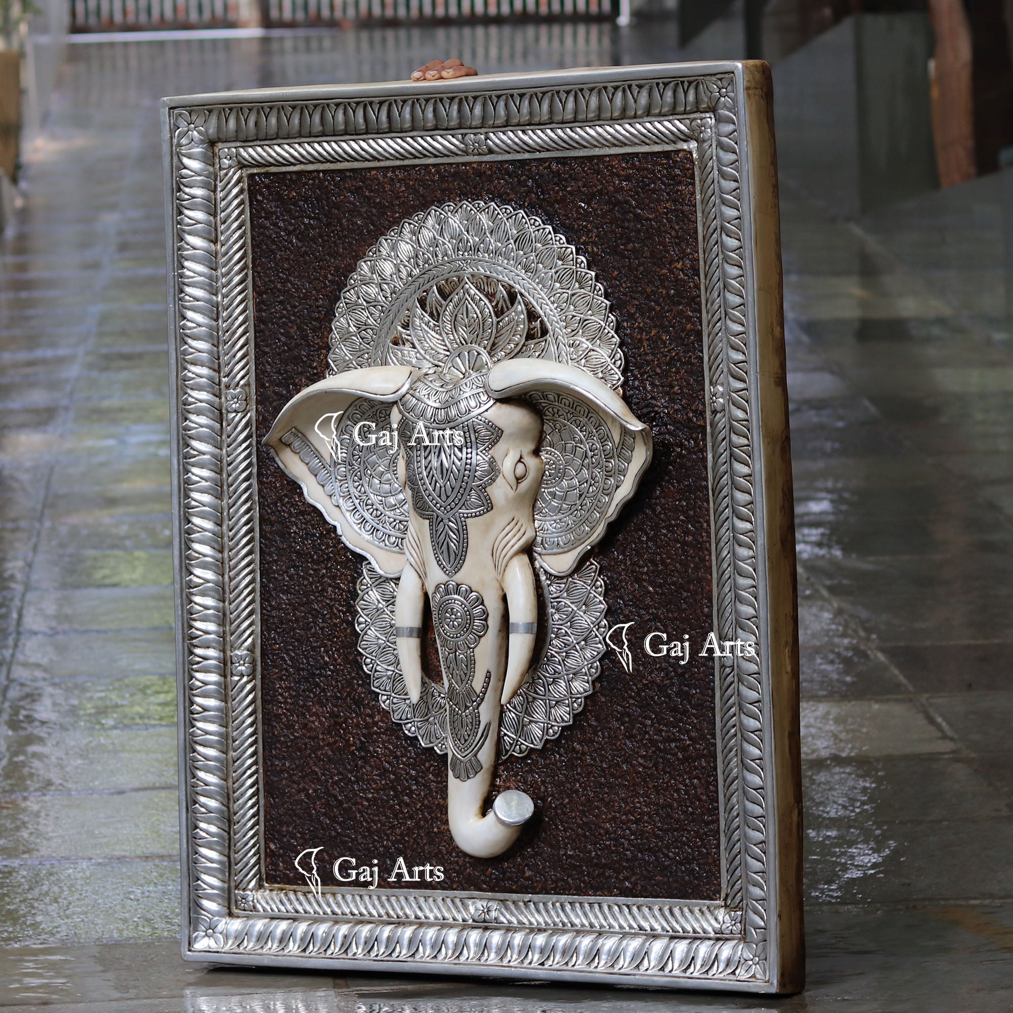 White Antique Finish  Elephant Face Wall Panel Silver Art | 48 Inch