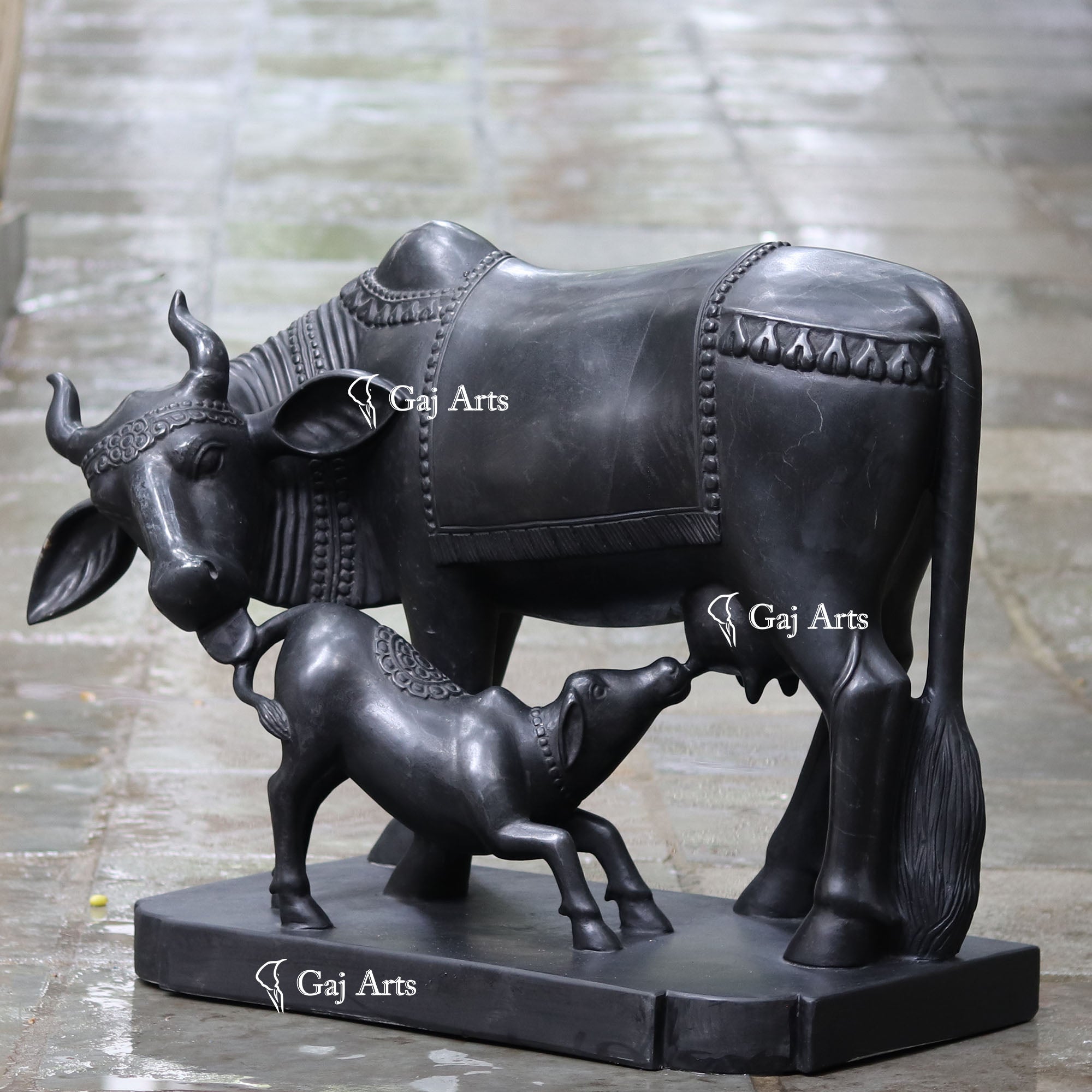 Italian Marble Black markino  Cow &amp; Calf Statue | 30 Inch