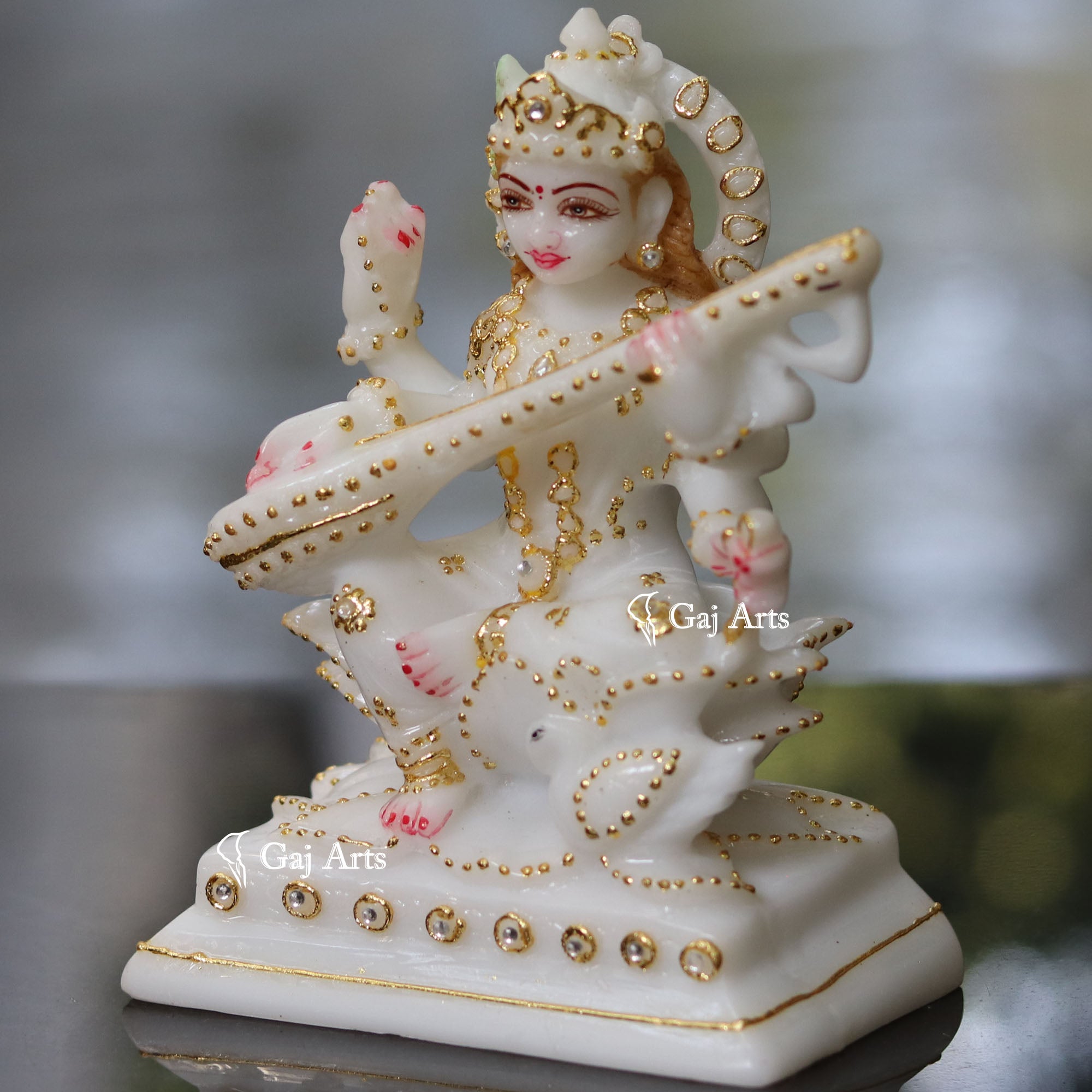 White Marble Saraswati Maa Idol | 6 Inch