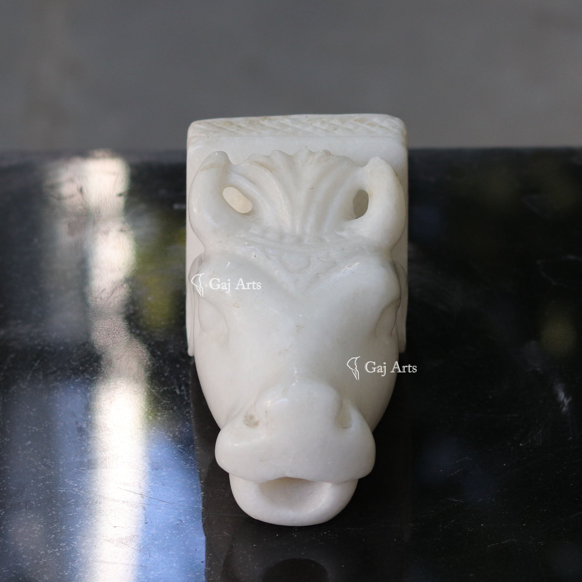White Marble Waterfall Gaumukh Cow Sculpture | 7 Inch
